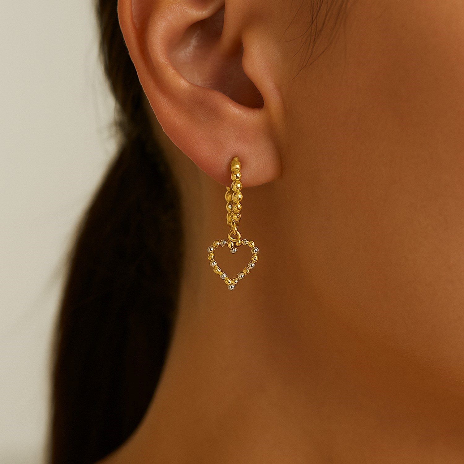 14k Two Tone Gold Beaded Hoop Earrings with Hearts - Image 2