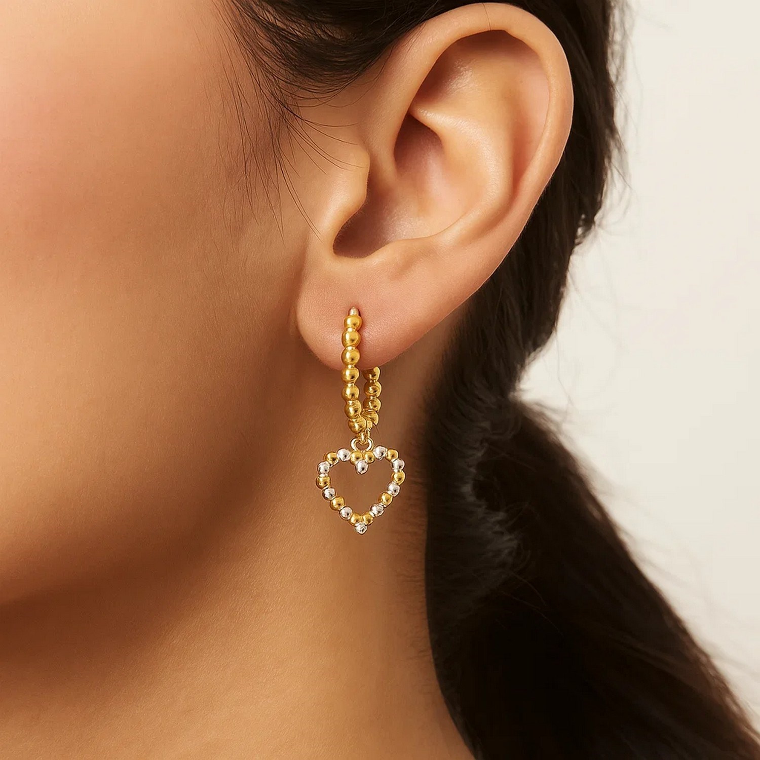 14k Two Tone Gold Beaded Hoop Earrings with Hearts - Image 3