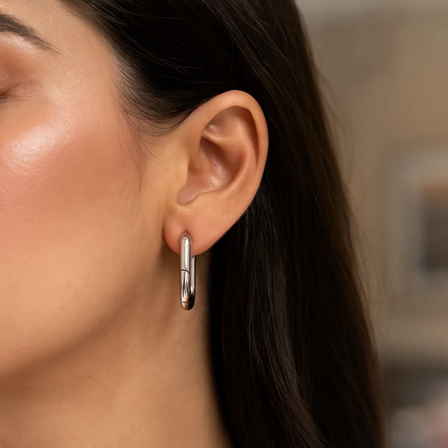 Sterling Silver Rhodium Plated Oval Hoop Earrings - Image 2