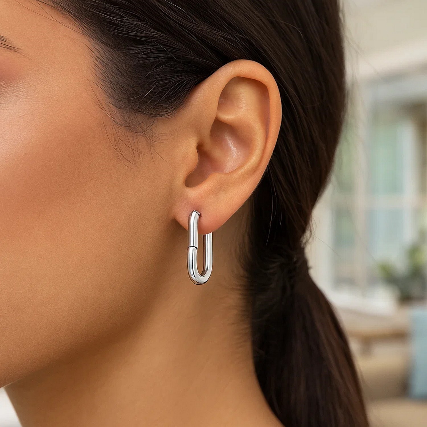 Sterling Silver Rhodium Plated Oval Hoop Earrings - Image 3