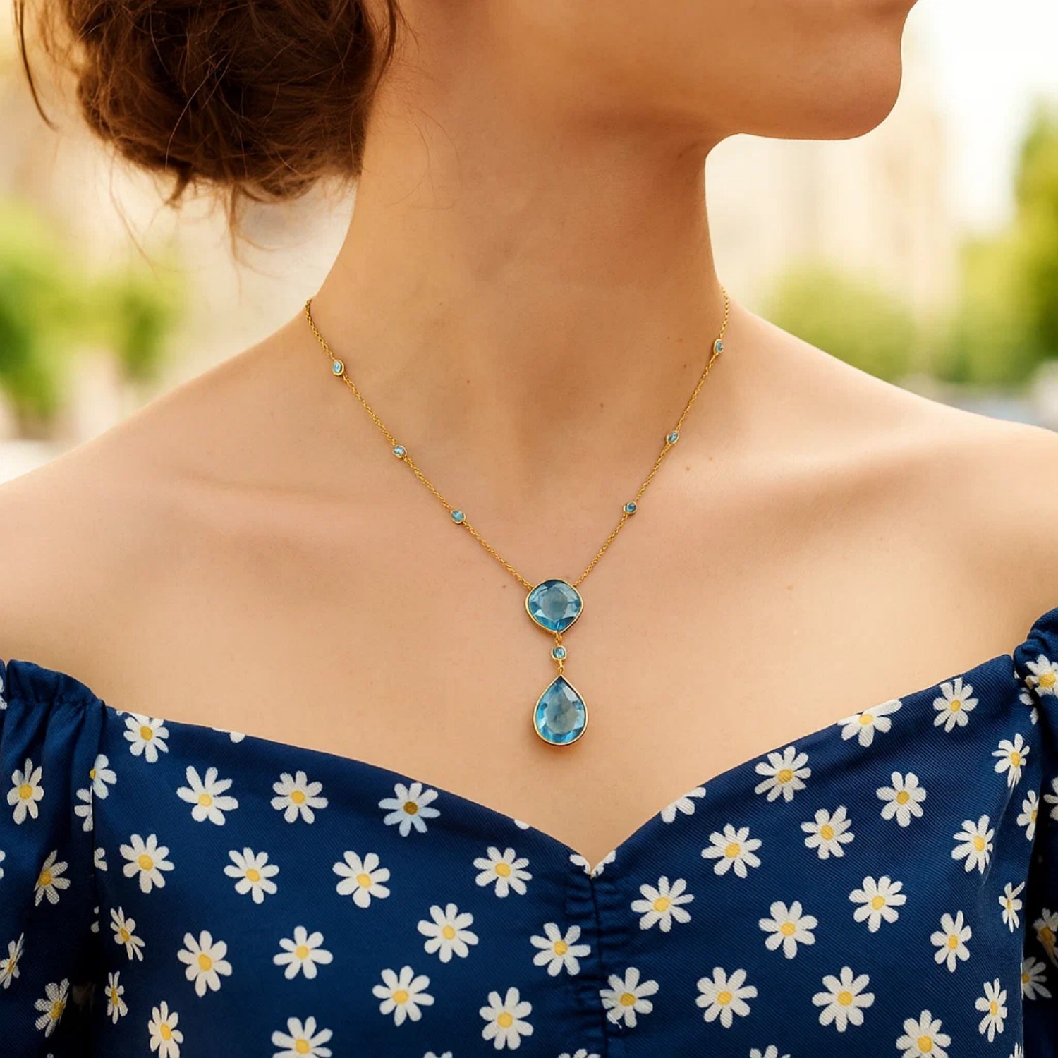 14k Yellow Gold Necklace with Pear-Shaped and Cushion Blue Topaz Briolettes - Image 2