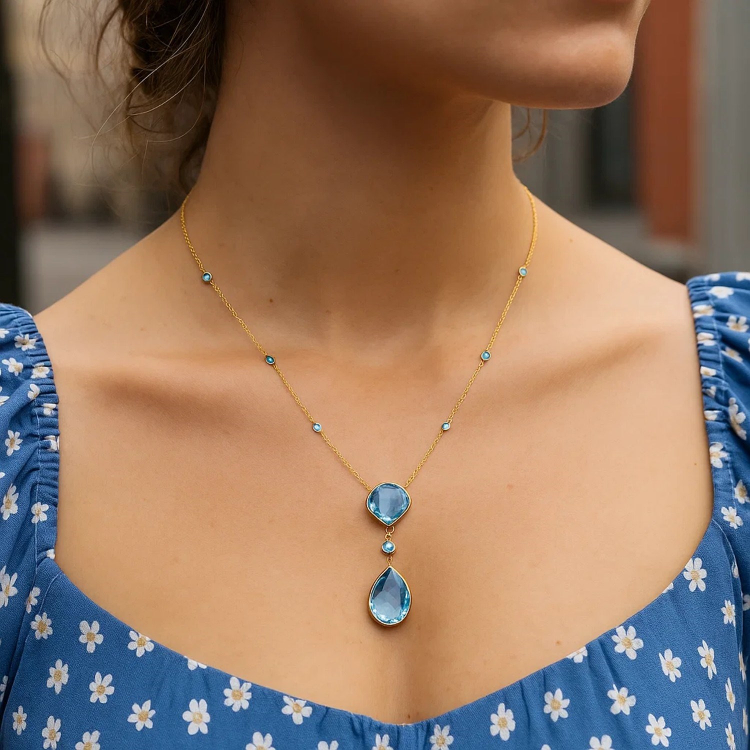 14k Yellow Gold Necklace with Pear-Shaped and Cushion Blue Topaz Briolettes - Image 3