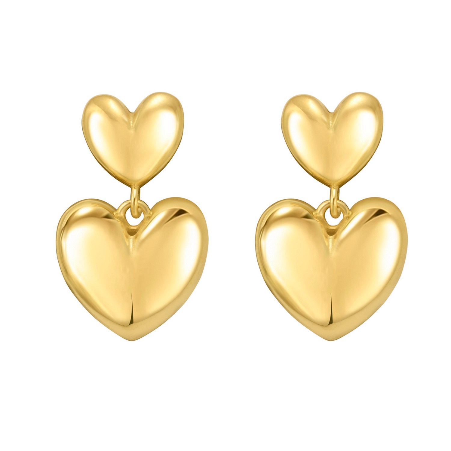 Sterling Silver Yellow Gold Plated Puffed Double Heart Drop Earrings - Image 2