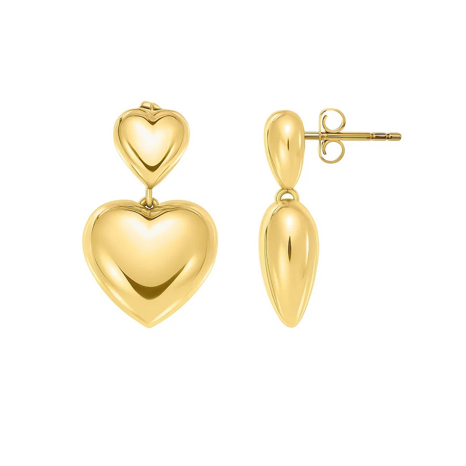 Sterling Silver Yellow Gold Plated Puffed Double Heart Drop Earrings - Image 3