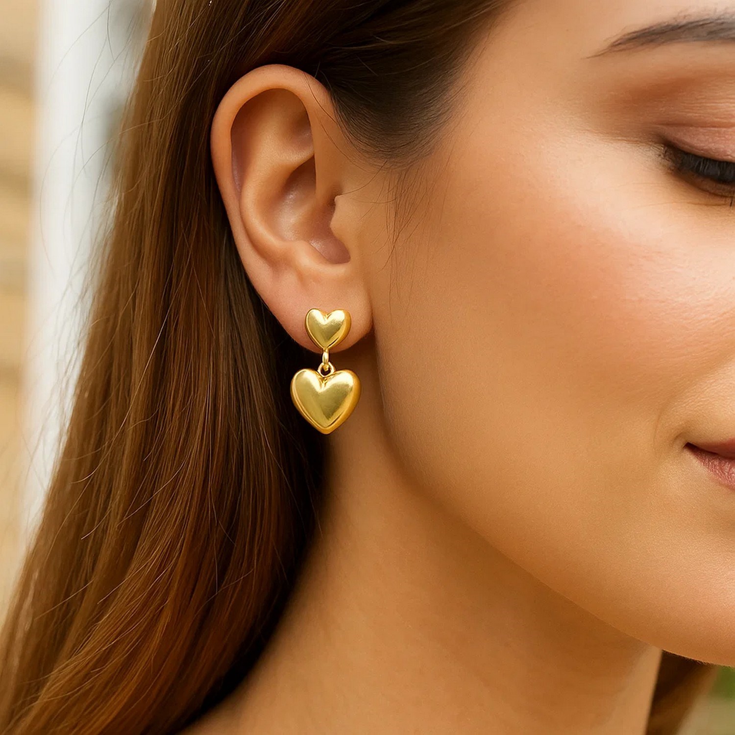 Sterling Silver Yellow Gold Plated Puffed Double Heart Drop Earrings - Image 4