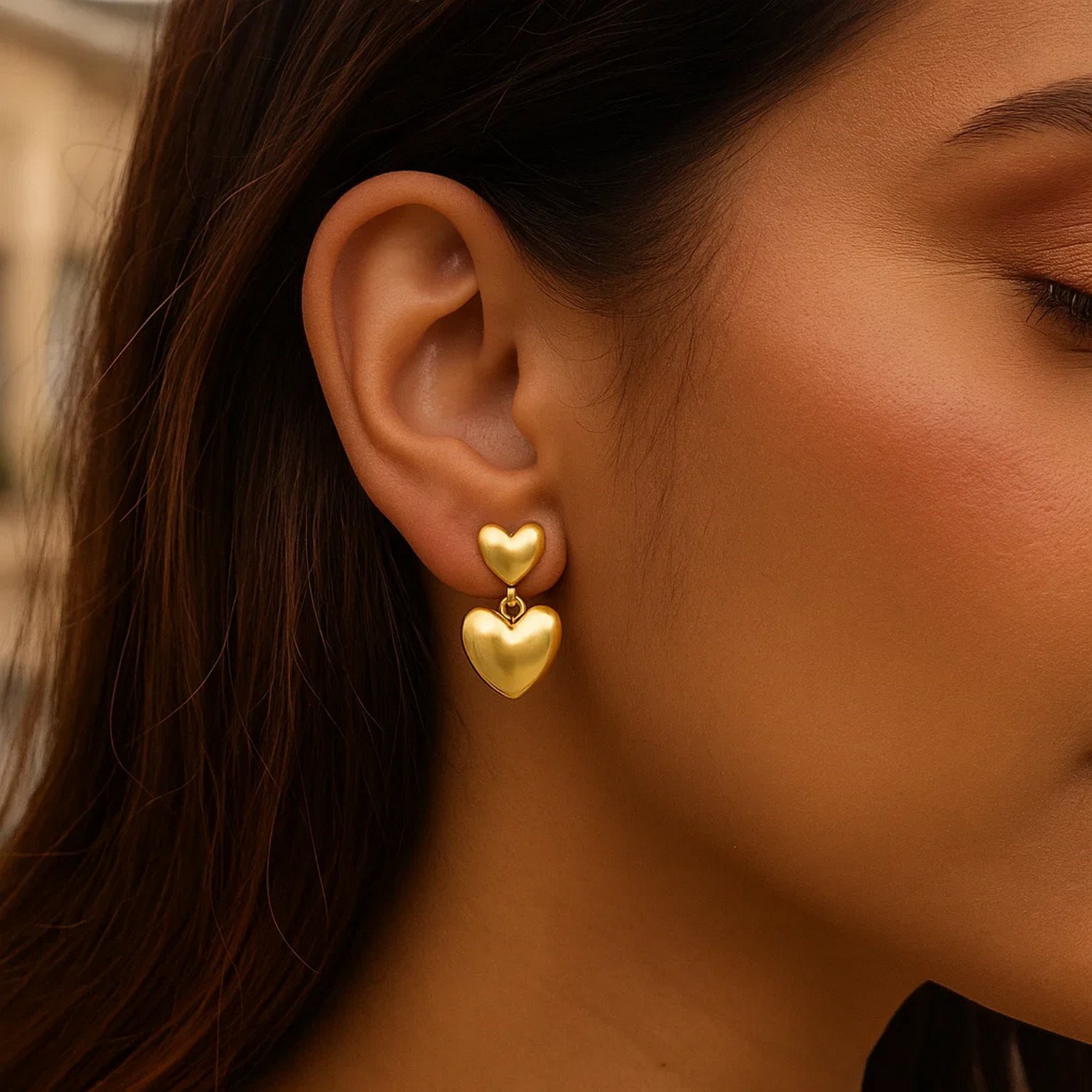 Sterling Silver Yellow Gold Plated Puffed Double Heart Drop Earrings - Image 5