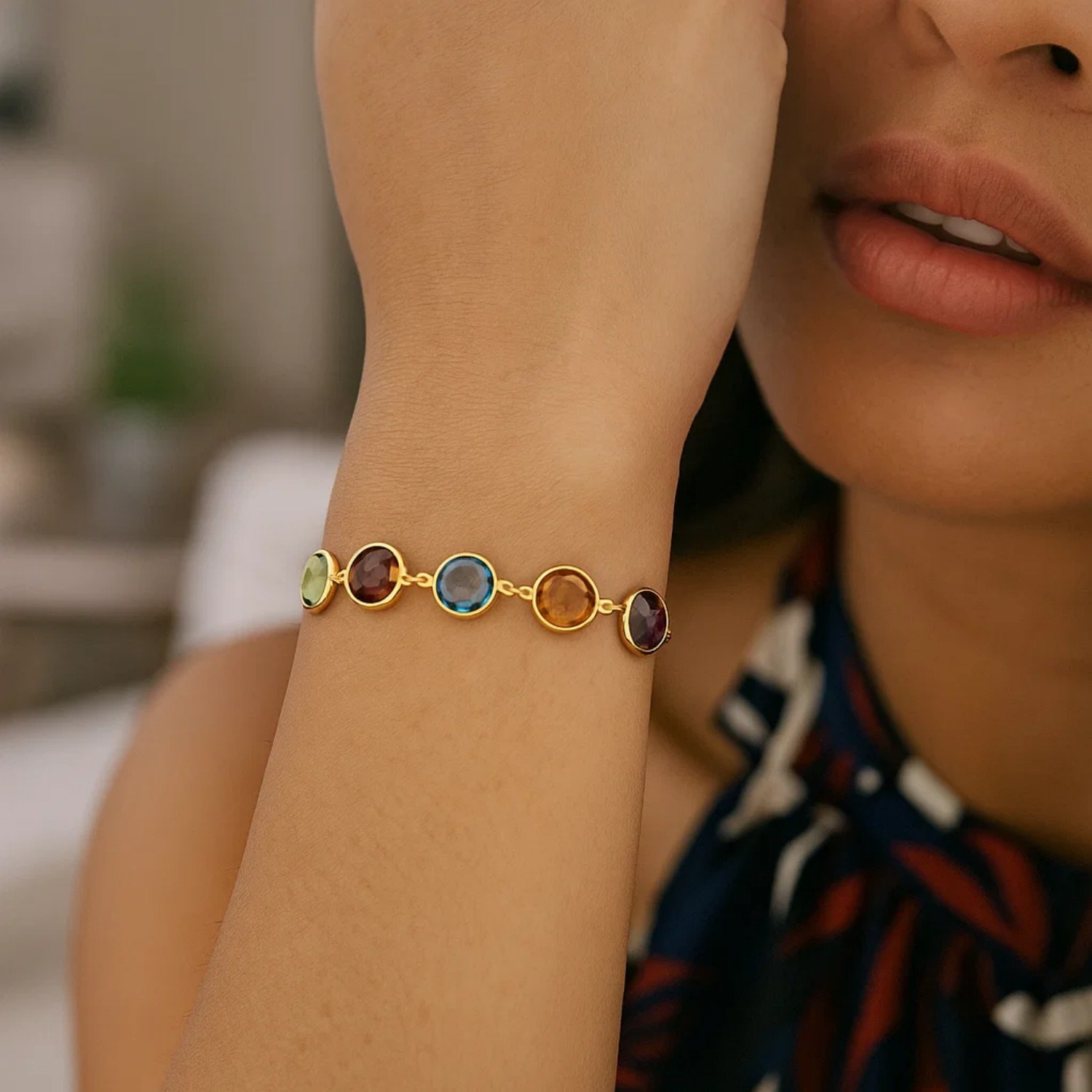 Adjustable Bracelet with Multicolored Round Gemstones in 14k Yellow Gold(1.00mm) - Image 2