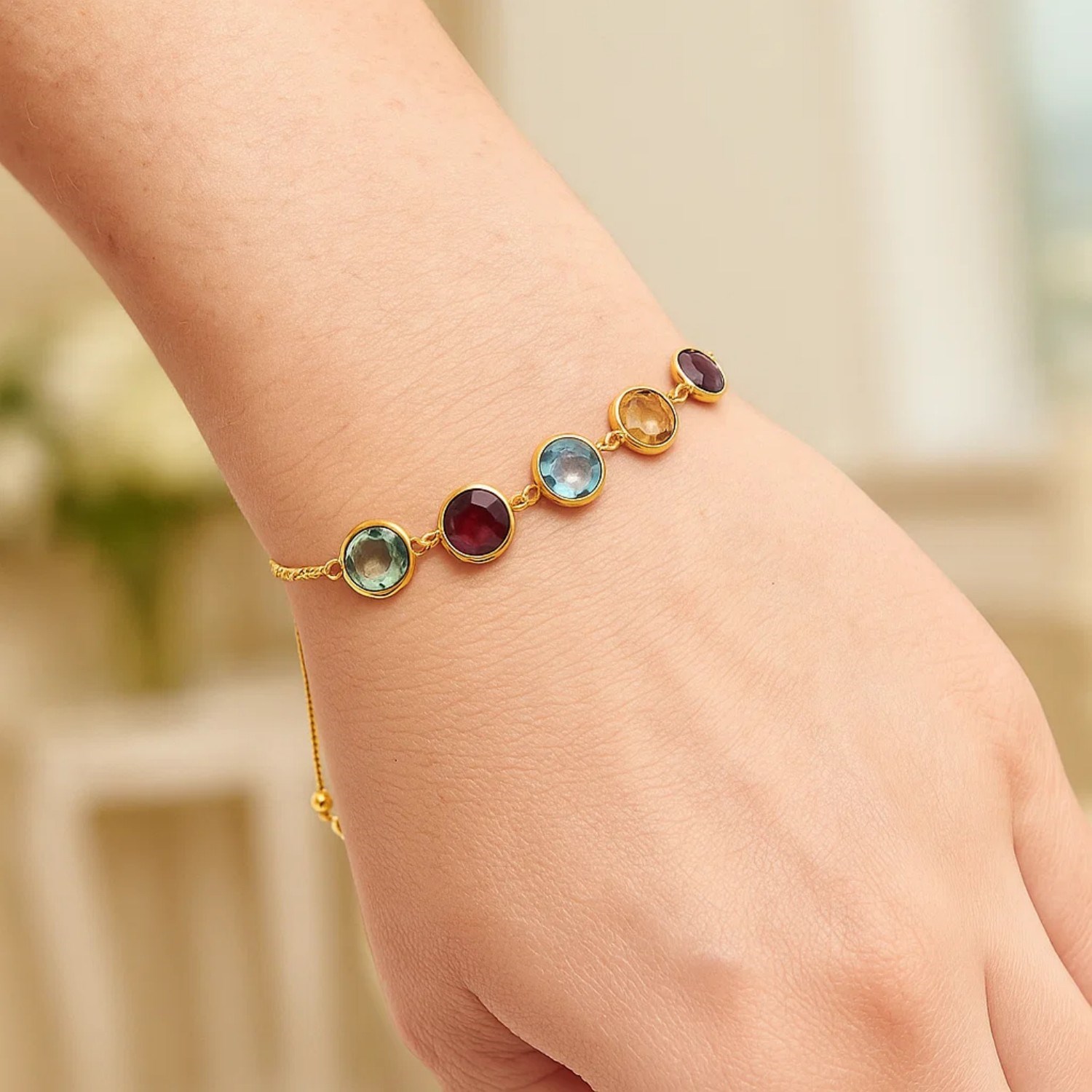 Adjustable Bracelet with Multicolored Round Gemstones in 14k Yellow Gold(1.00mm) - Image 3