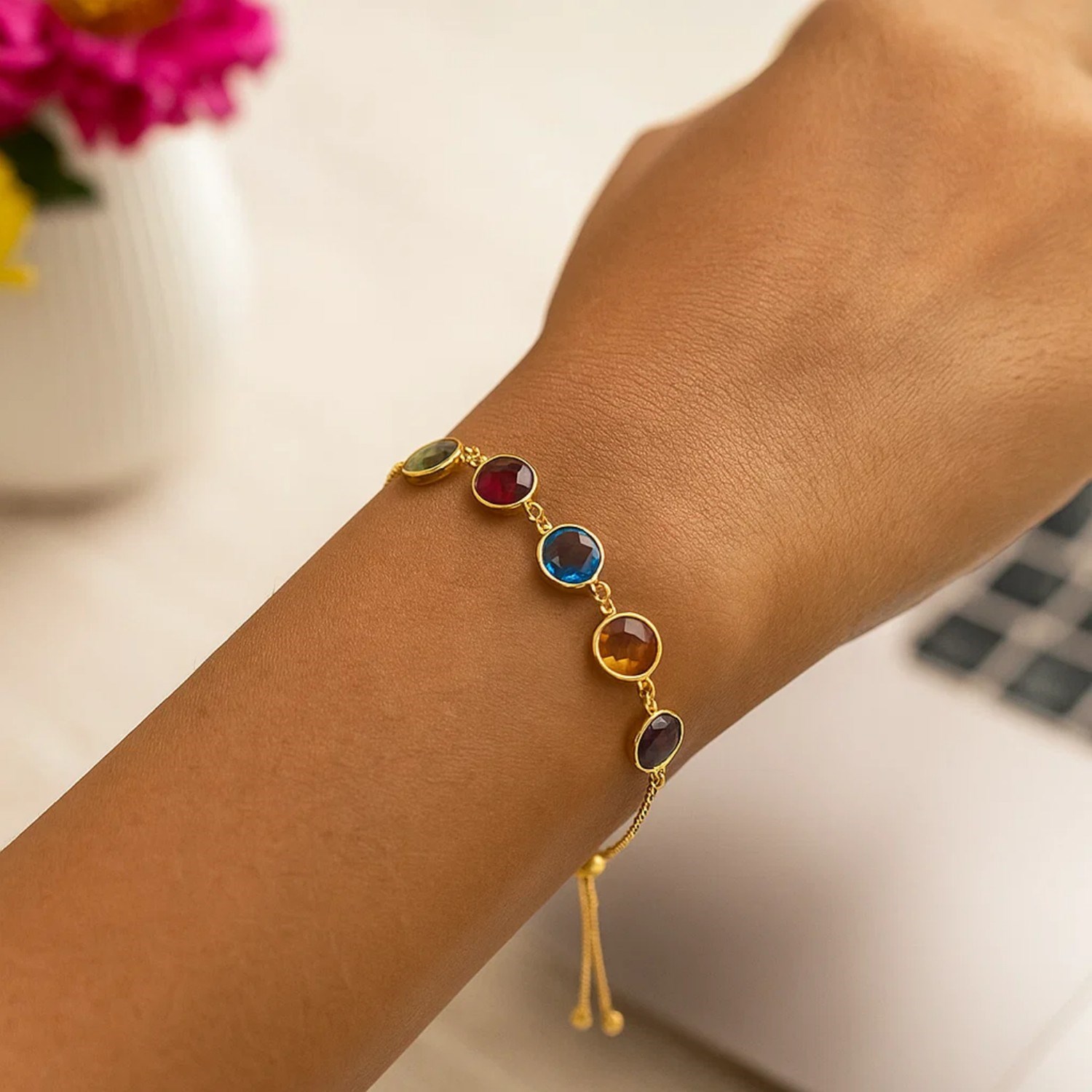 Adjustable Bracelet with Multicolored Round Gemstones in 14k Yellow Gold(1.00mm) - Image 4