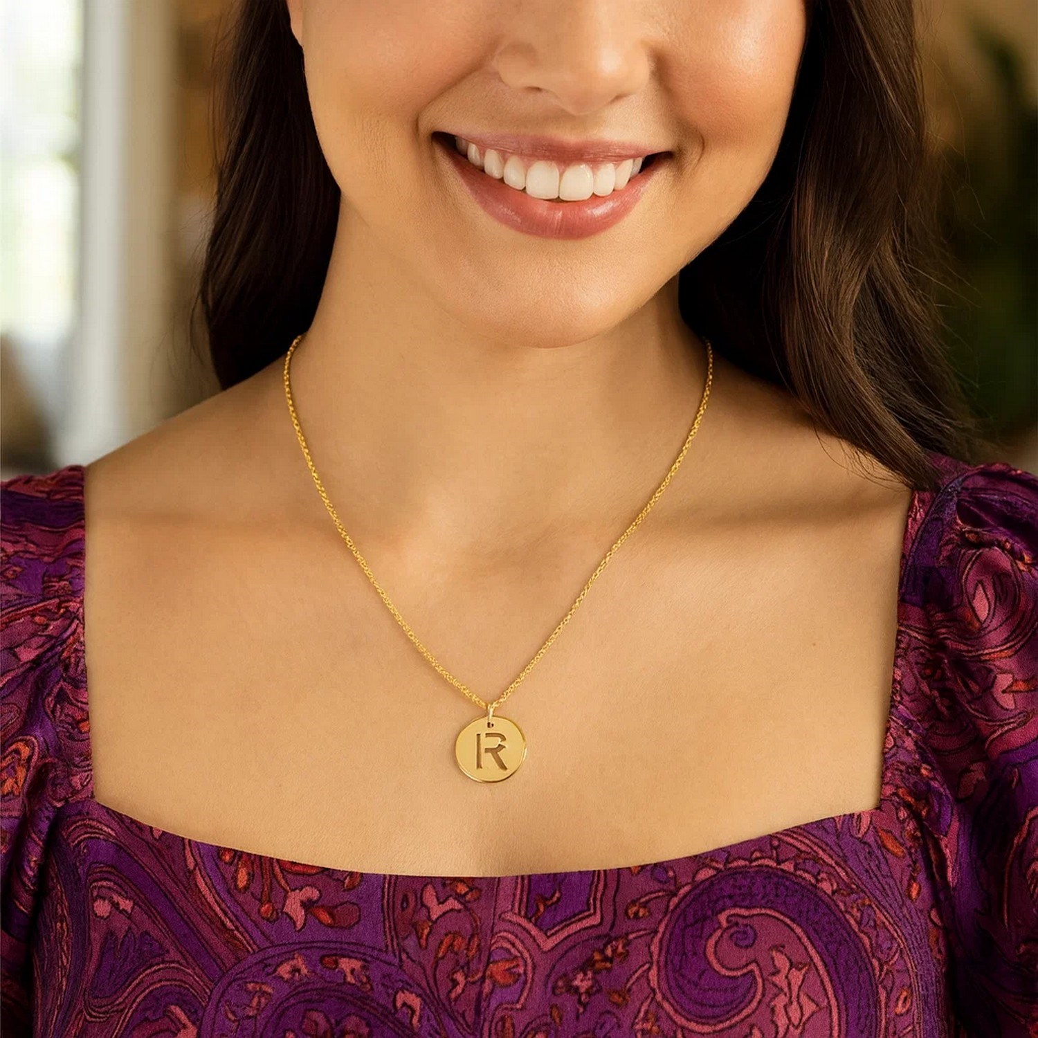 14K Yellow Gold Disc Initial R Pendant - Image 2