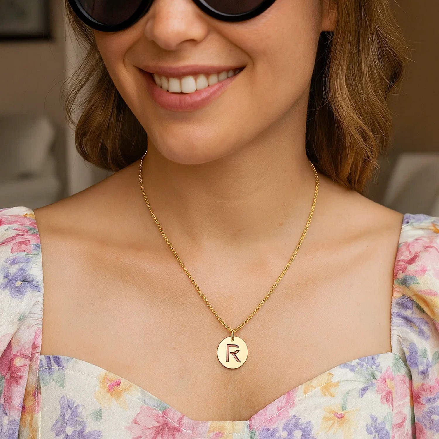 14K Yellow Gold Disc Initial R Pendant - Image 3