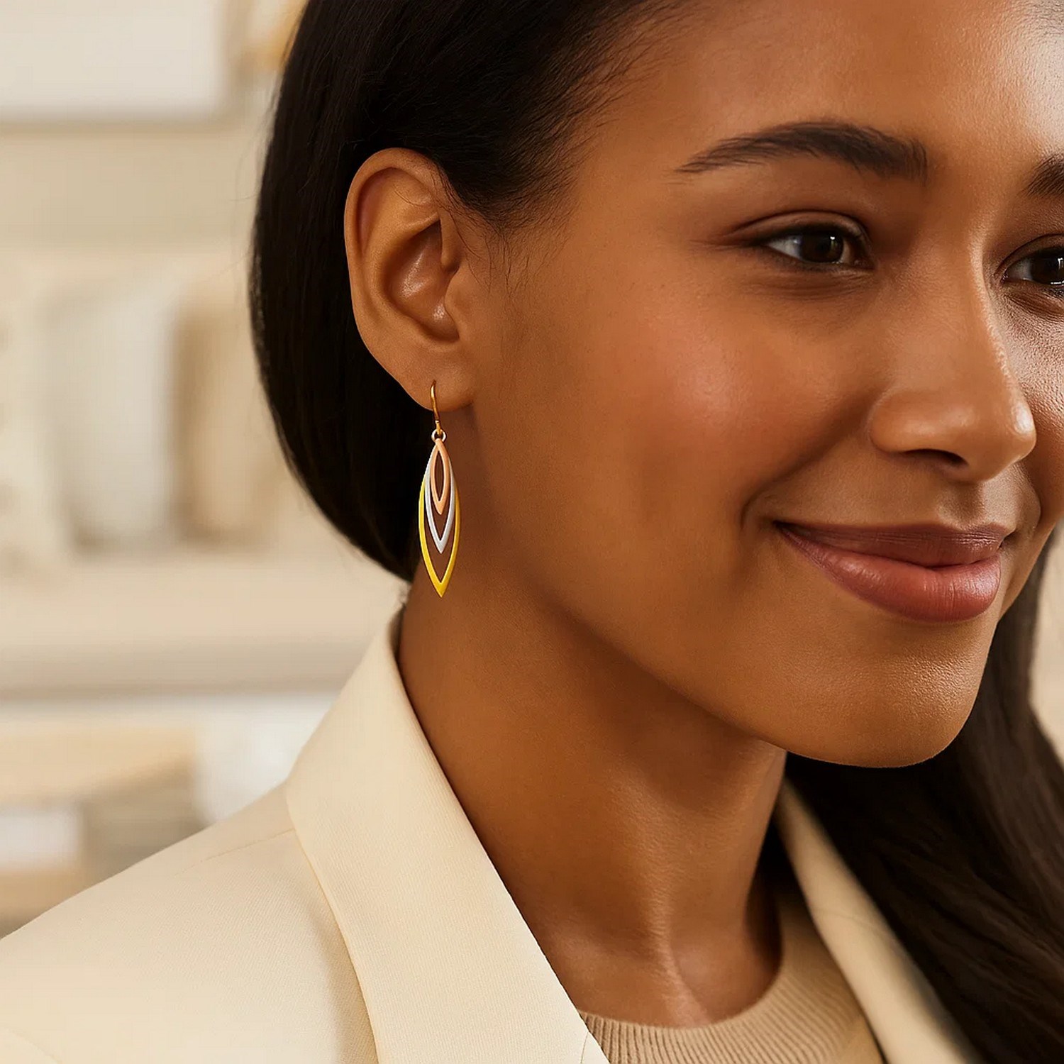 Tri-Tone Graduated Open Marquise Earrings in 10k Yellow, White, and Rose Gold - Image 2