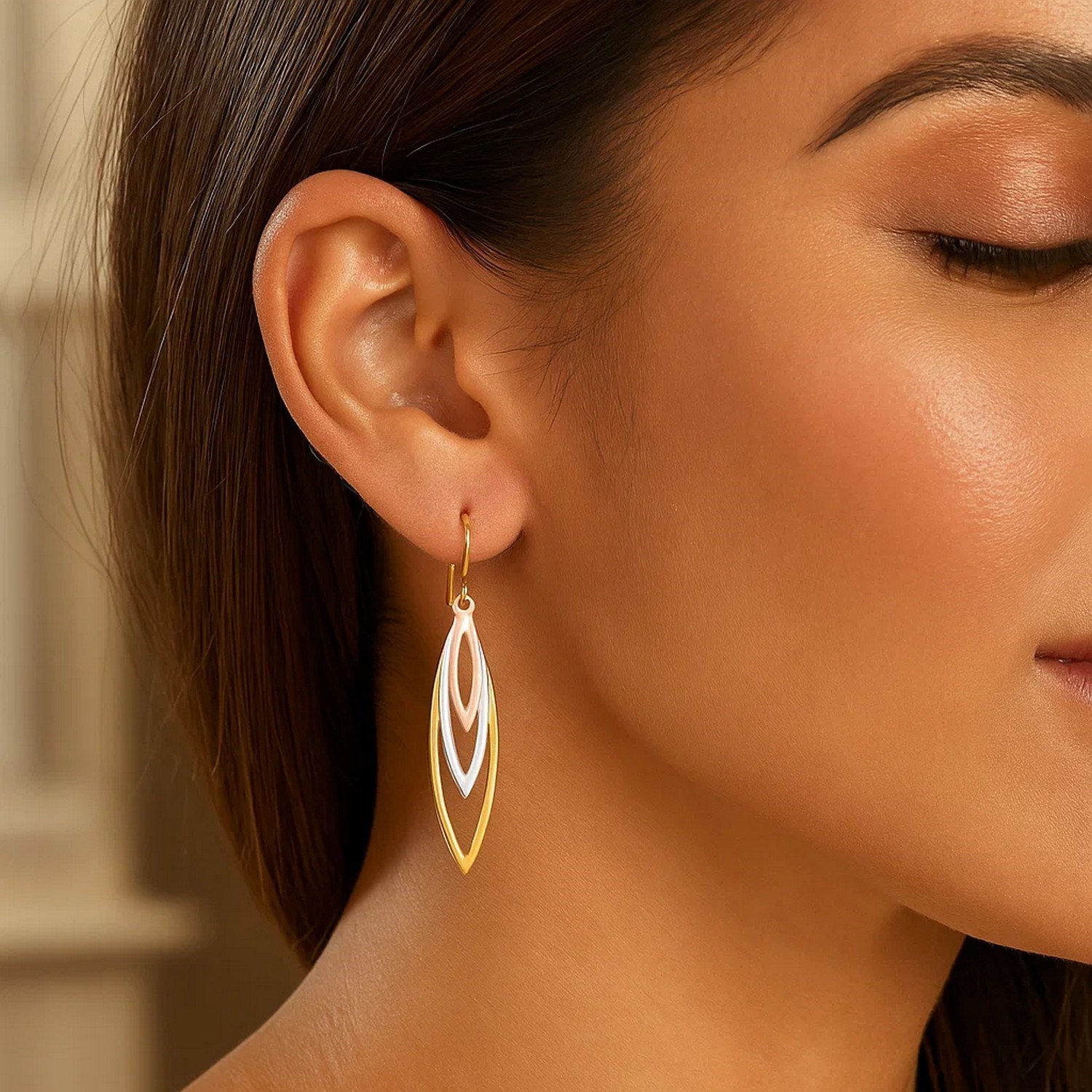 Tri-Tone Graduated Open Marquise Earrings in 10k Yellow, White, and Rose Gold - Image 3