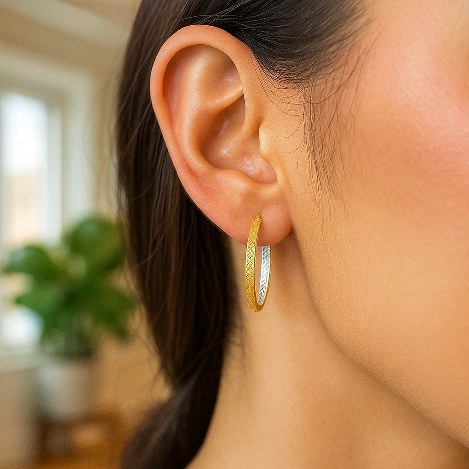 10K TwoTone Yellow and White Gold Petite Patterned Hoop Earrings(3x25mm) - Image 3