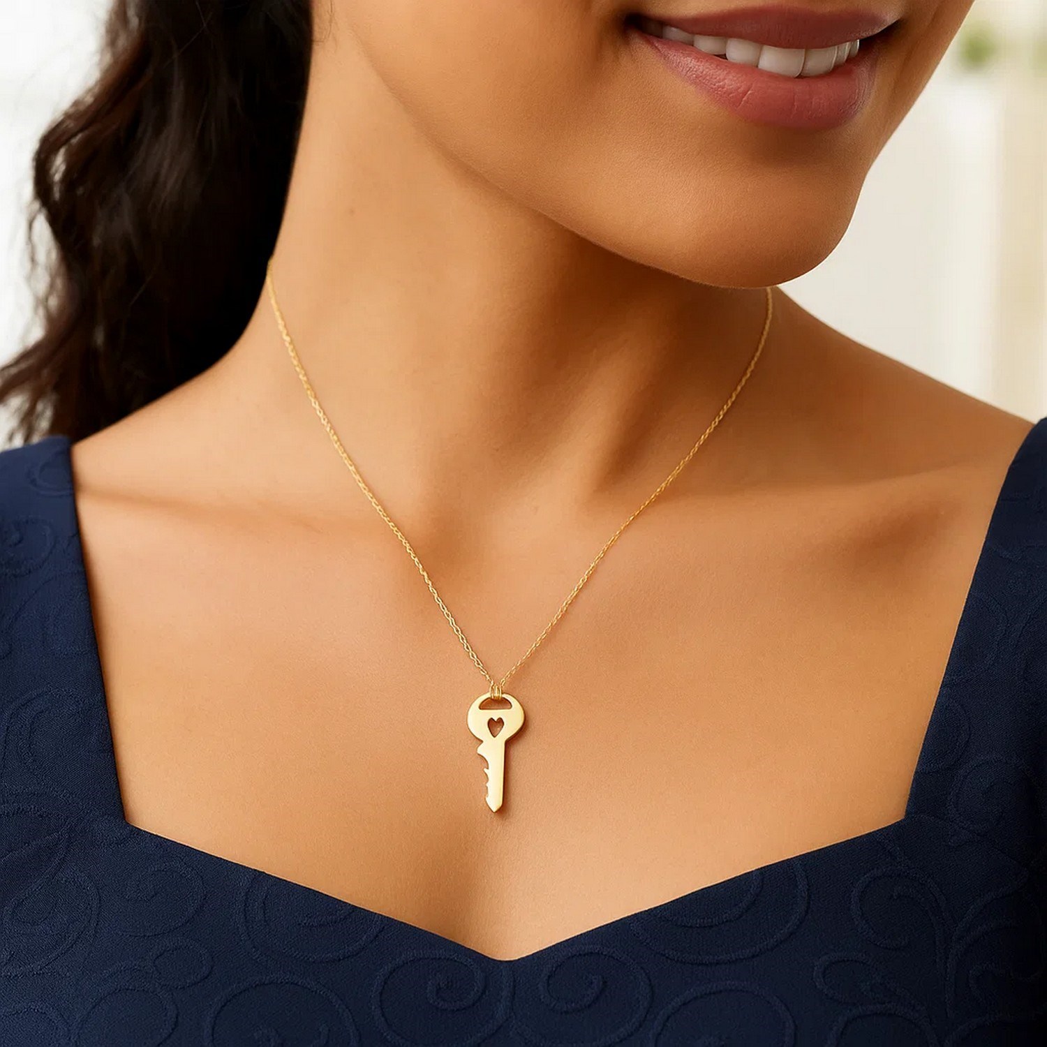 14K Yellow Gold Triple Heart Key Necklace - Image 3