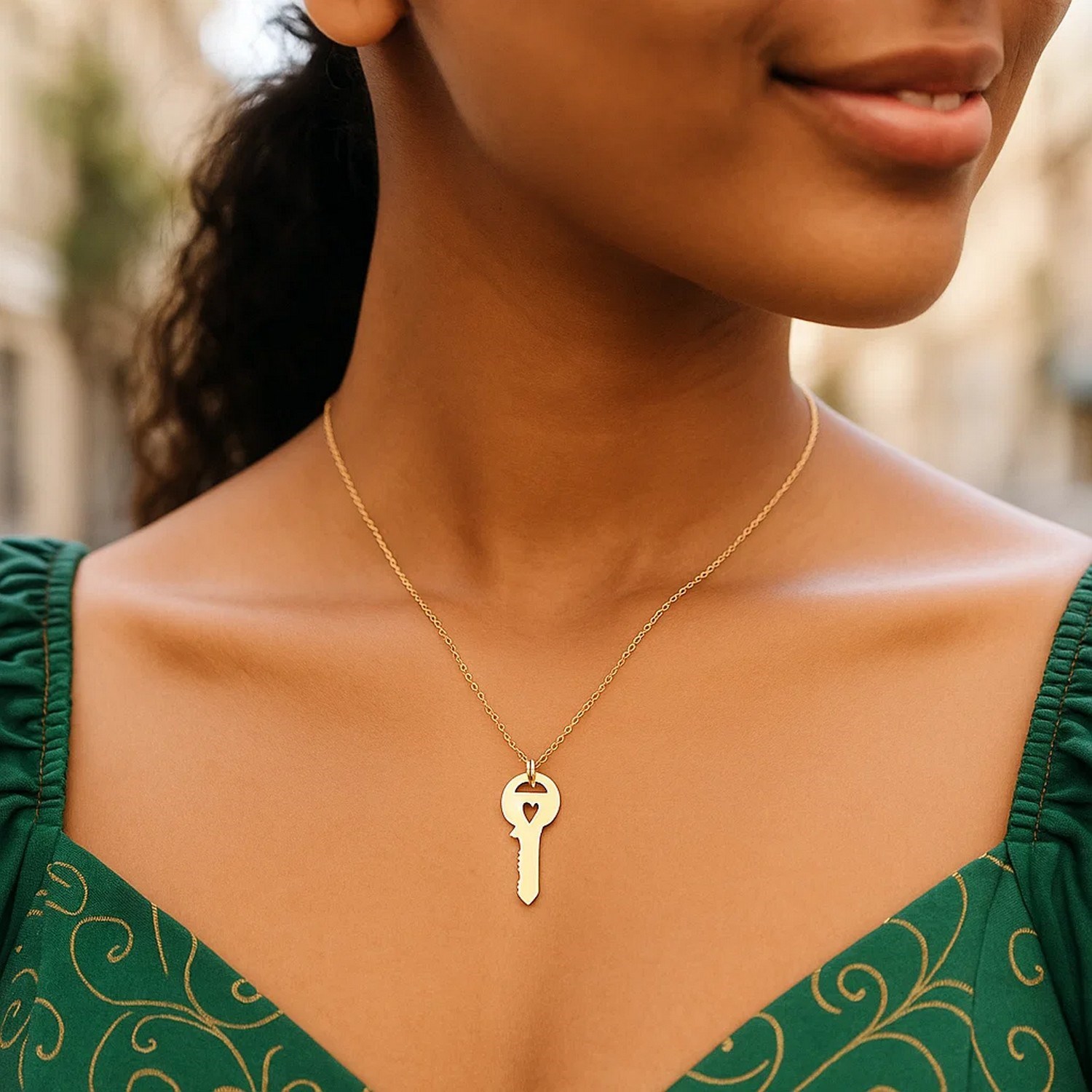 14K Yellow Gold Triple Heart Key Necklace - Image 4