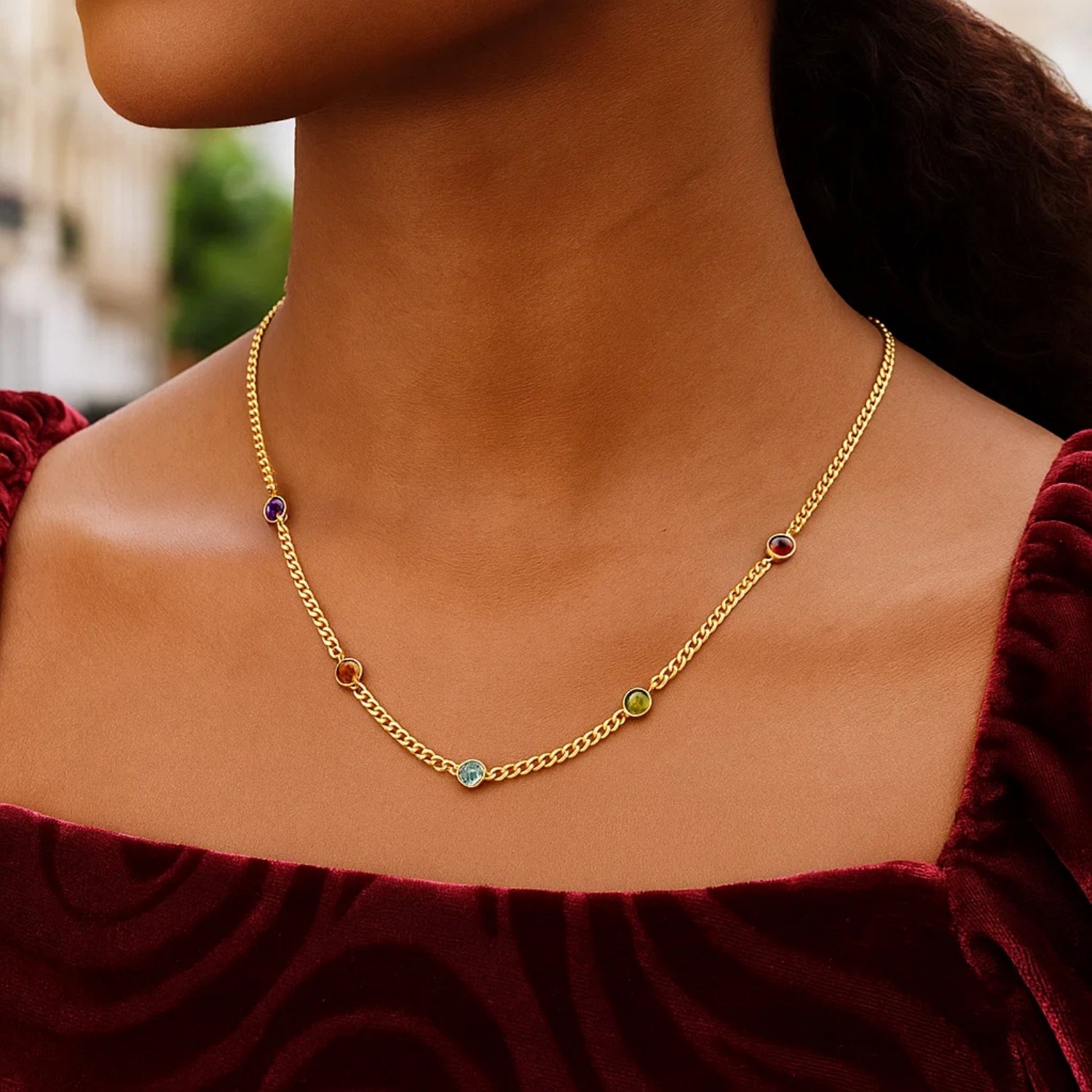 14K Yellow Gold Multi Gemstone Curb Chain Necklace - Image 5