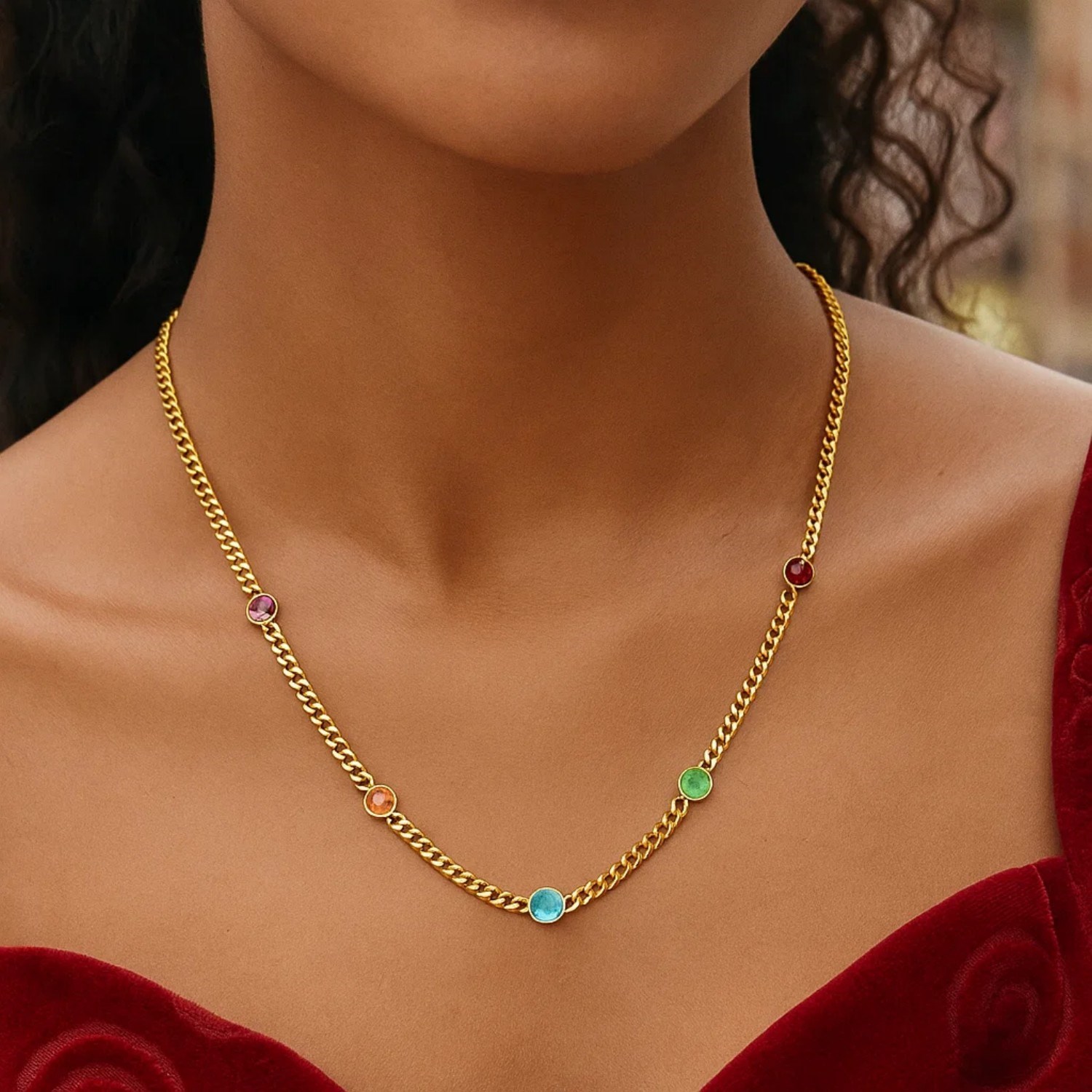 14K Yellow Gold Multi Gemstone Curb Chain Necklace - Image 6