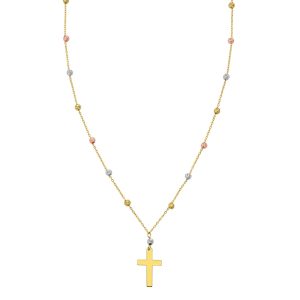 14K Tri Color Gold Beaded Cross Necklace