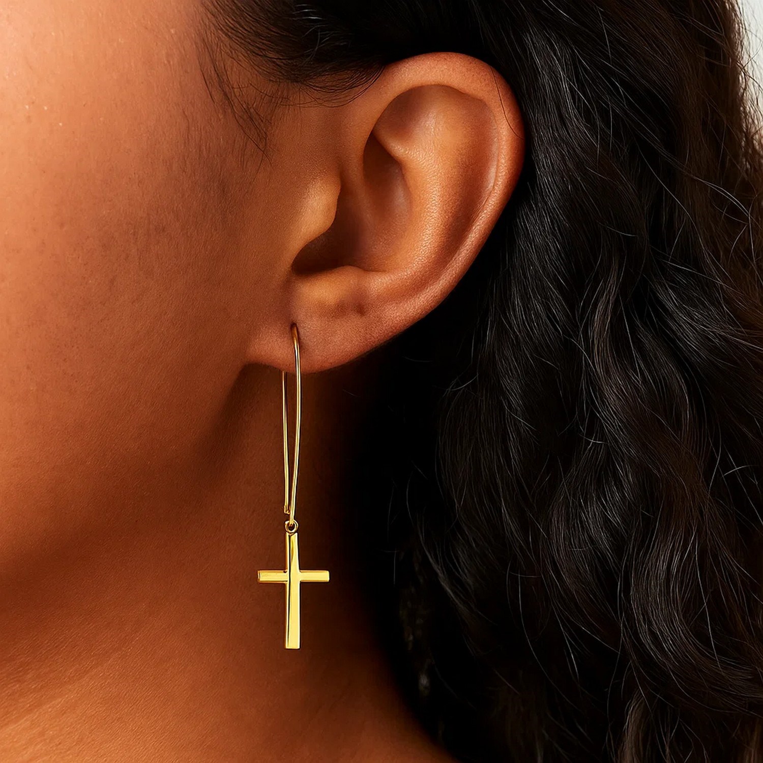 14k Yellow Gold Dangle Cross Earrings - Image 2