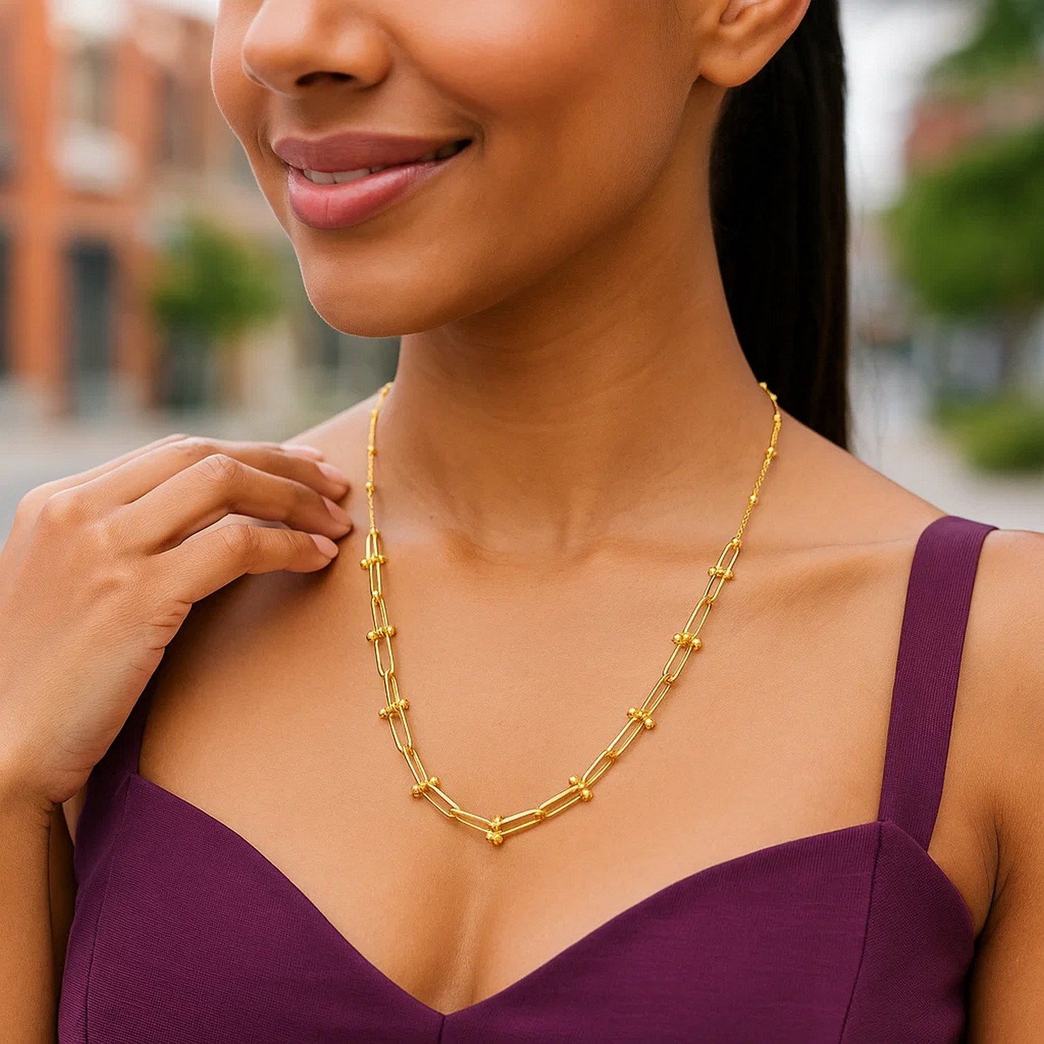 14k Yellow Gold Beaded U Link Chain Necklace - Image 3