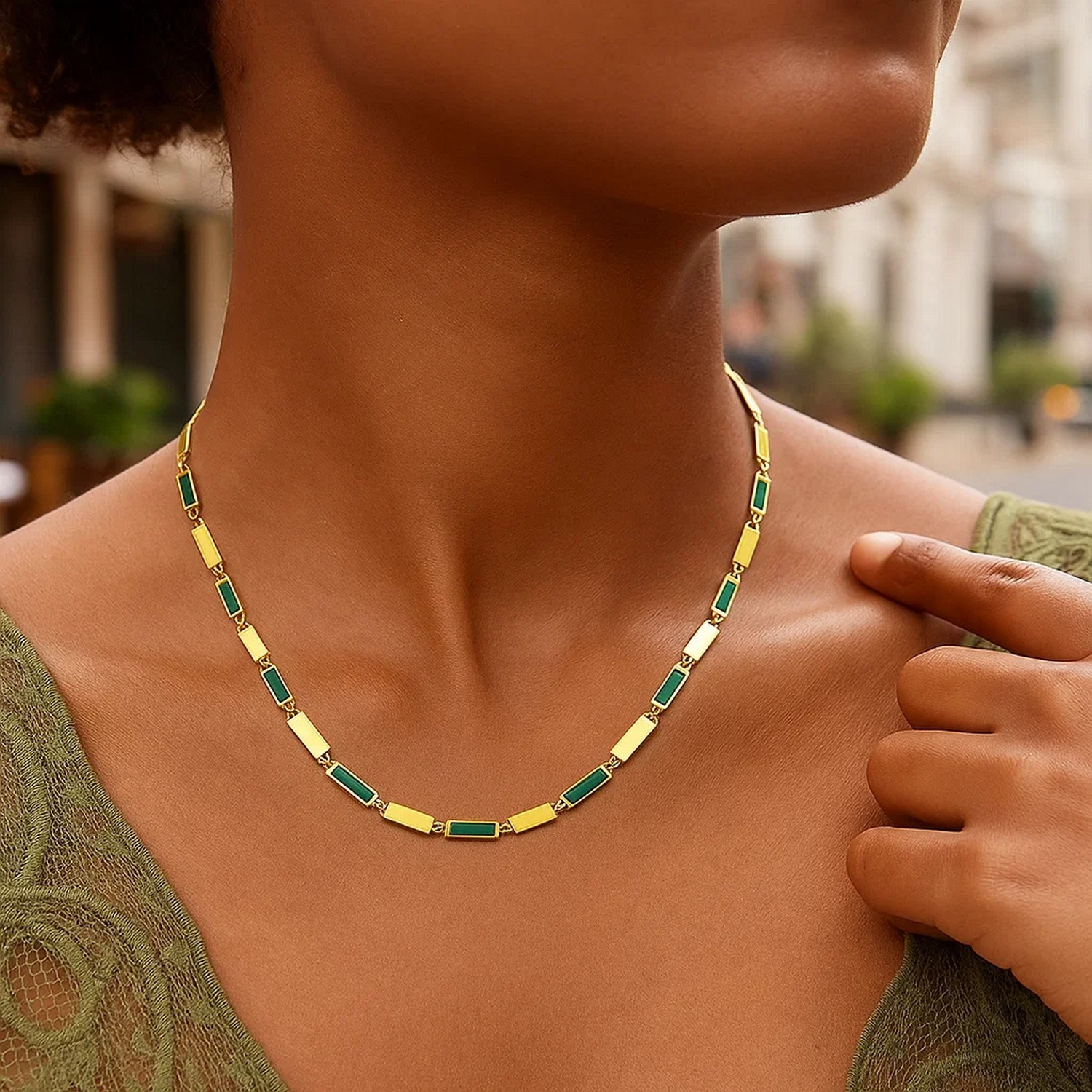14K Yellow Gold Malachite Rectangle Links Necklace (3.50 mm) - Image 5