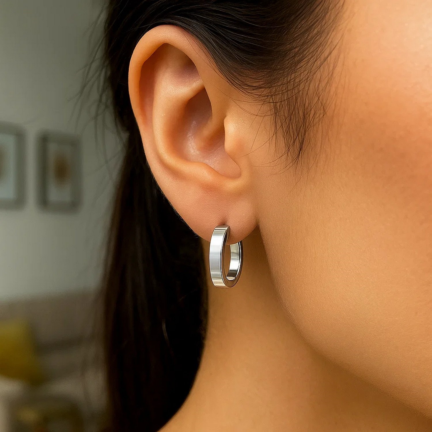 Sterling Silver Flat Style Oval Hoop Earrings with Rhodium Plating(4x14mm) - Image 2