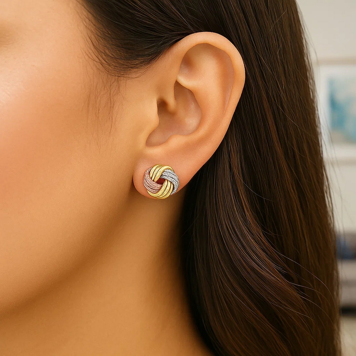 Love Knot Post Earrings in 14k Tri Color Gold - Image 4