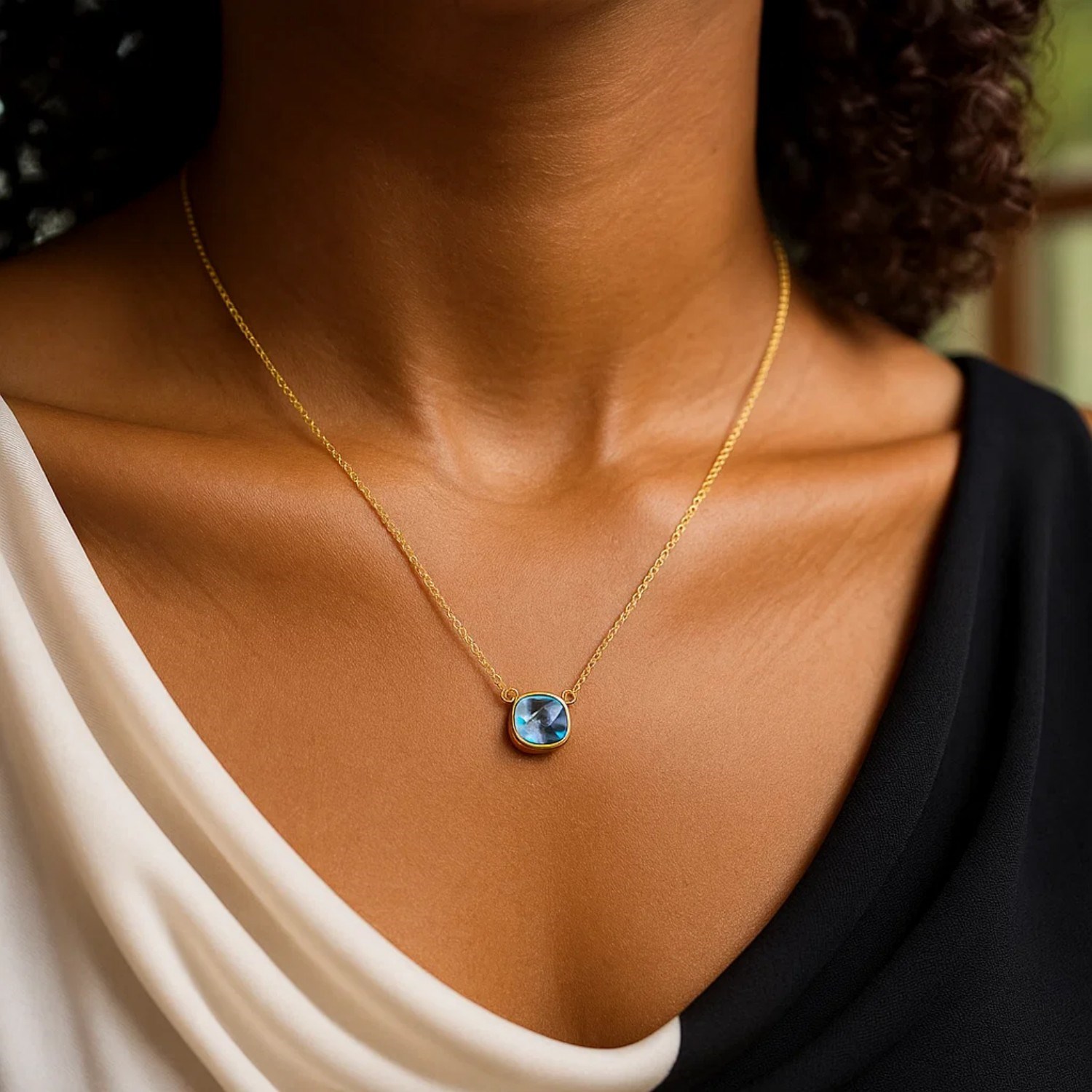 14k Yellow Gold 17 inch Necklace with Cushion Blue Topaz - Image 3