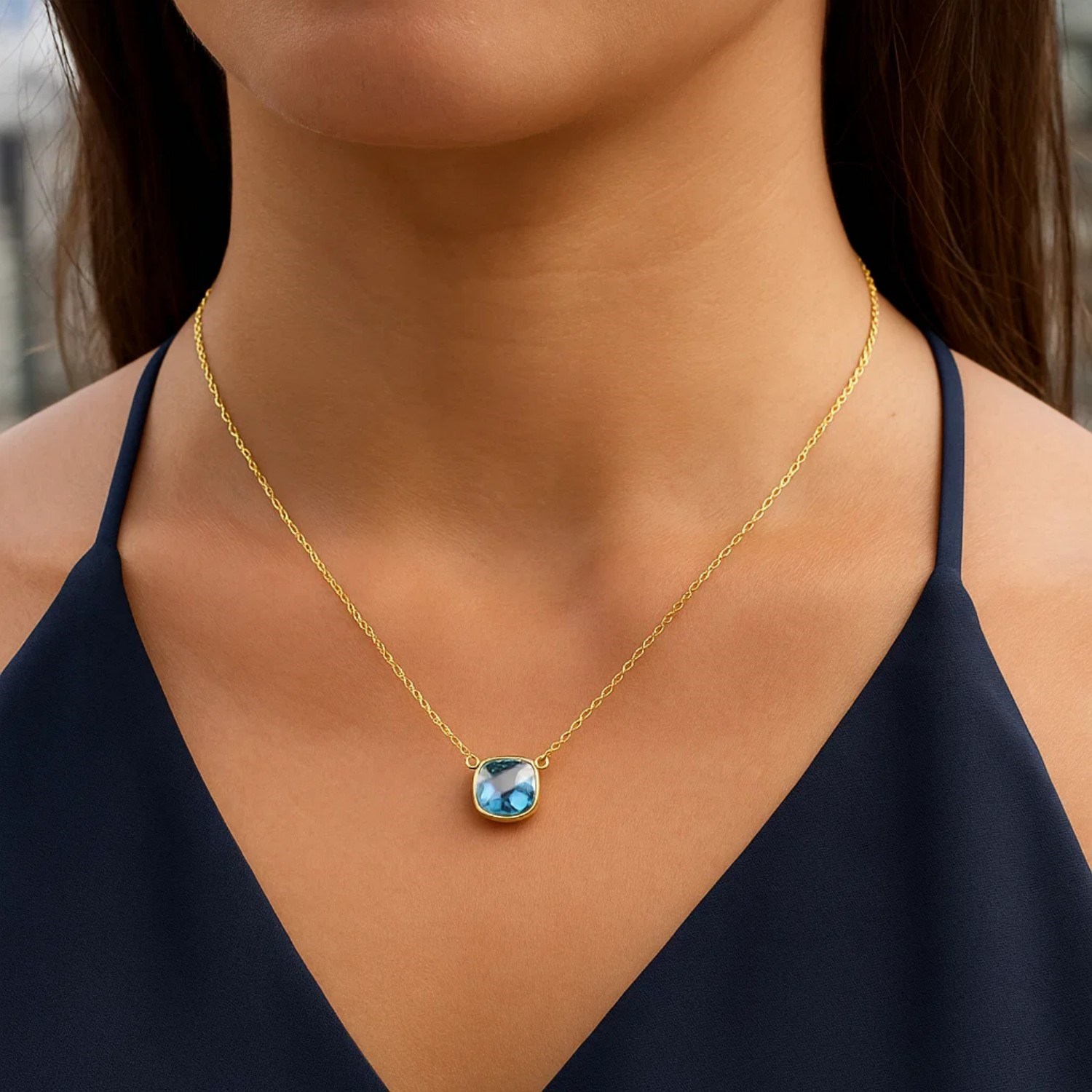 14k Yellow Gold 17 inch Necklace with Cushion Blue Topaz - Image 4