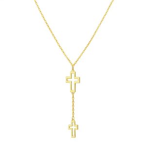 Double Cross Drop Necklace in 14K Yellow Gold