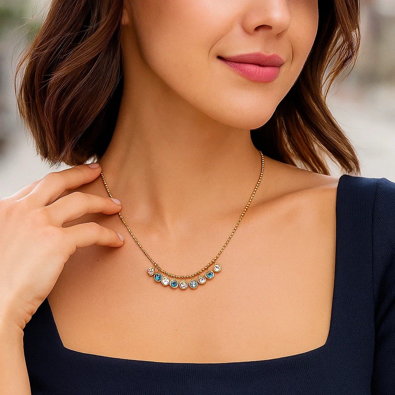 14K Yellow Gold Blue And White Topaz Dancing Drop Necklace - Image 5