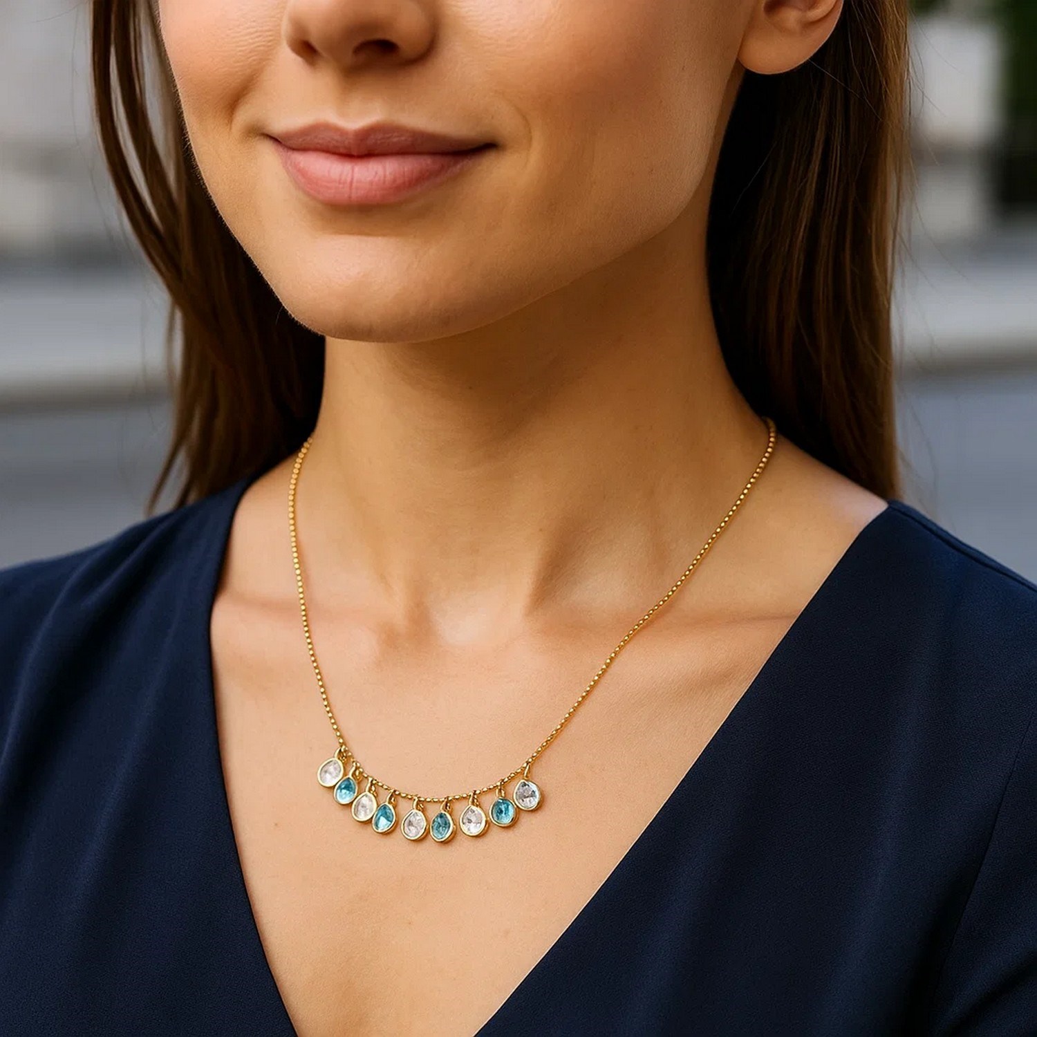 14K Yellow Gold Blue And White Topaz Dancing Drop Necklace - Image 8
