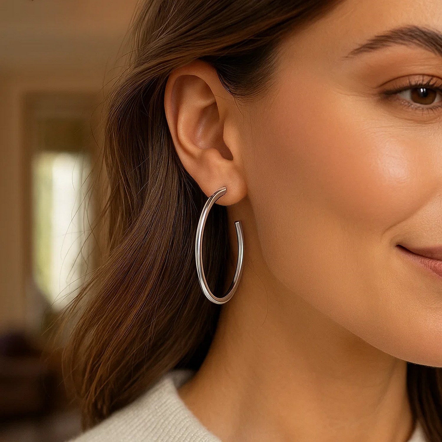 Sterling Silver Round Tube C Hoop Earrings - Image 4