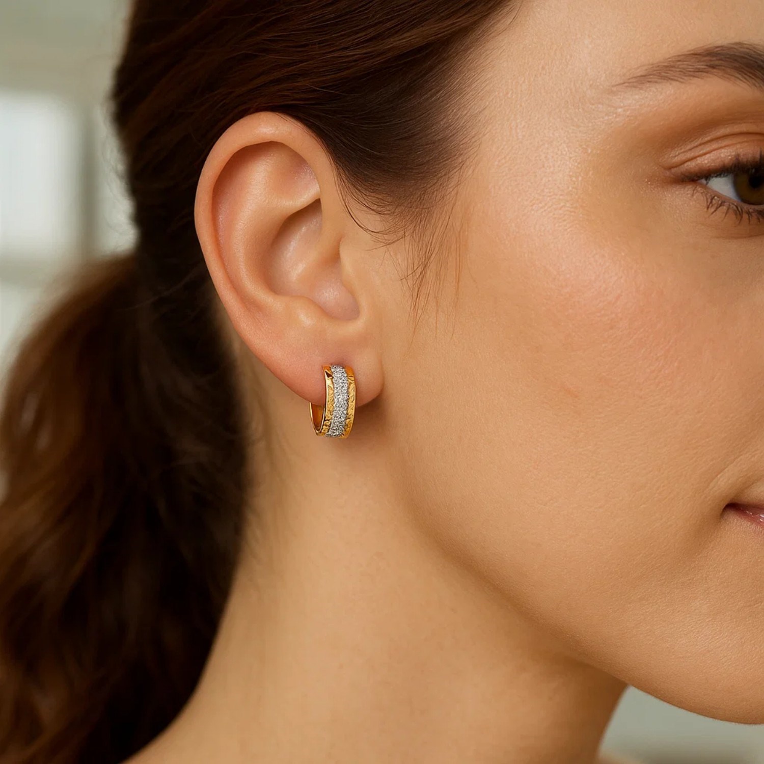 14K Two Tone Gold Center Huggie Earrings - Image 2