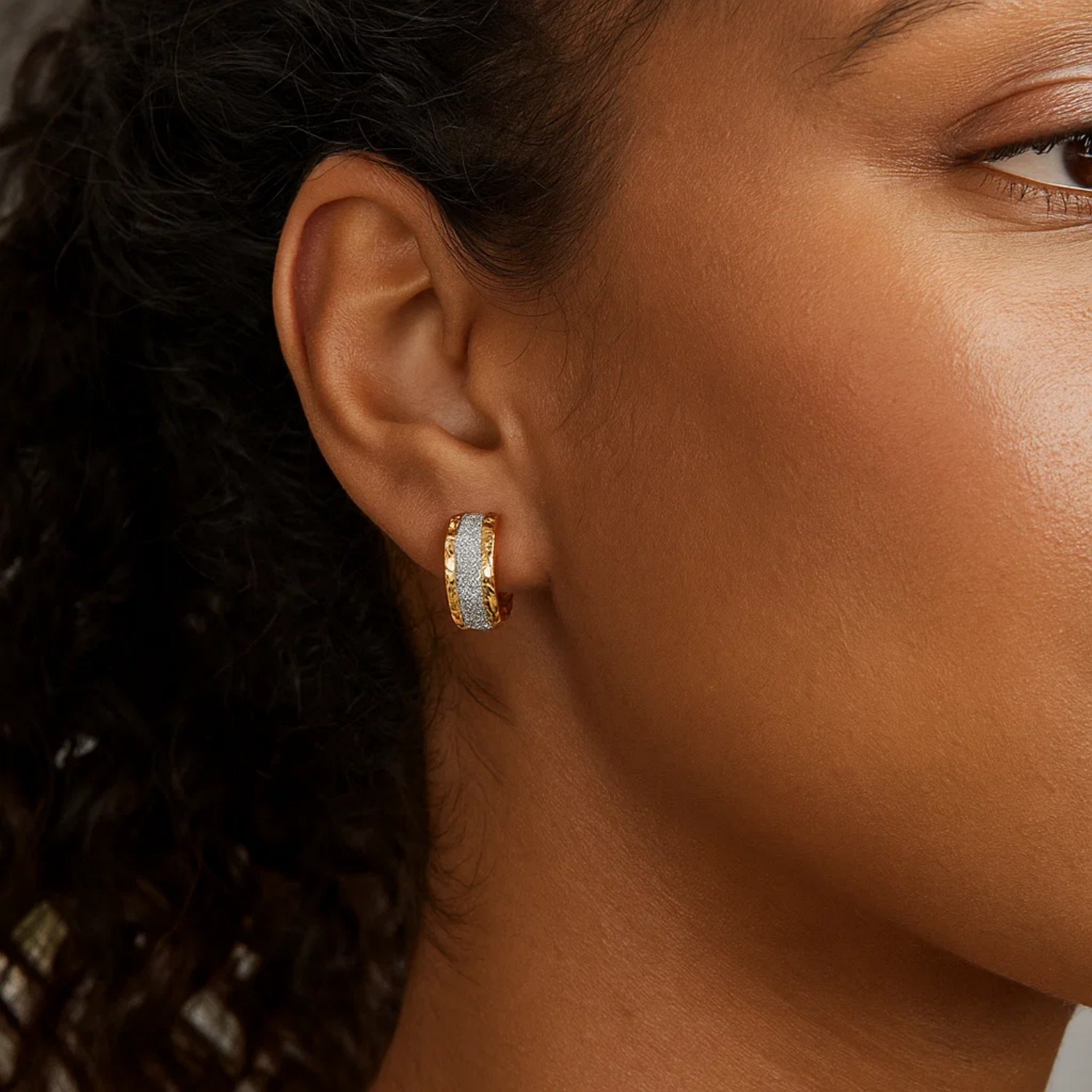 14K Two Tone Gold Center Huggie Earrings - Image 3