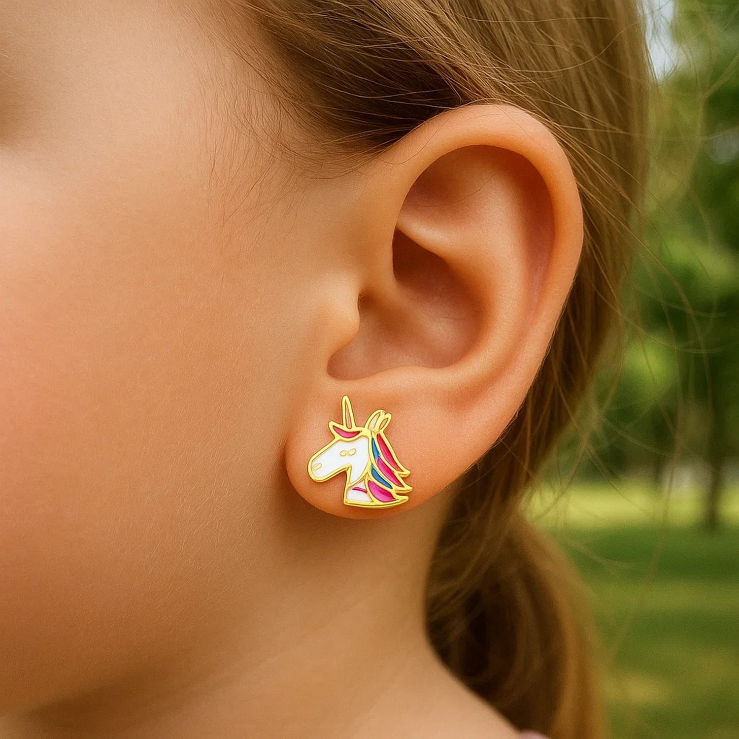 14k Yellow Gold Enameled Unicorn Childrens Earrings - Image 2