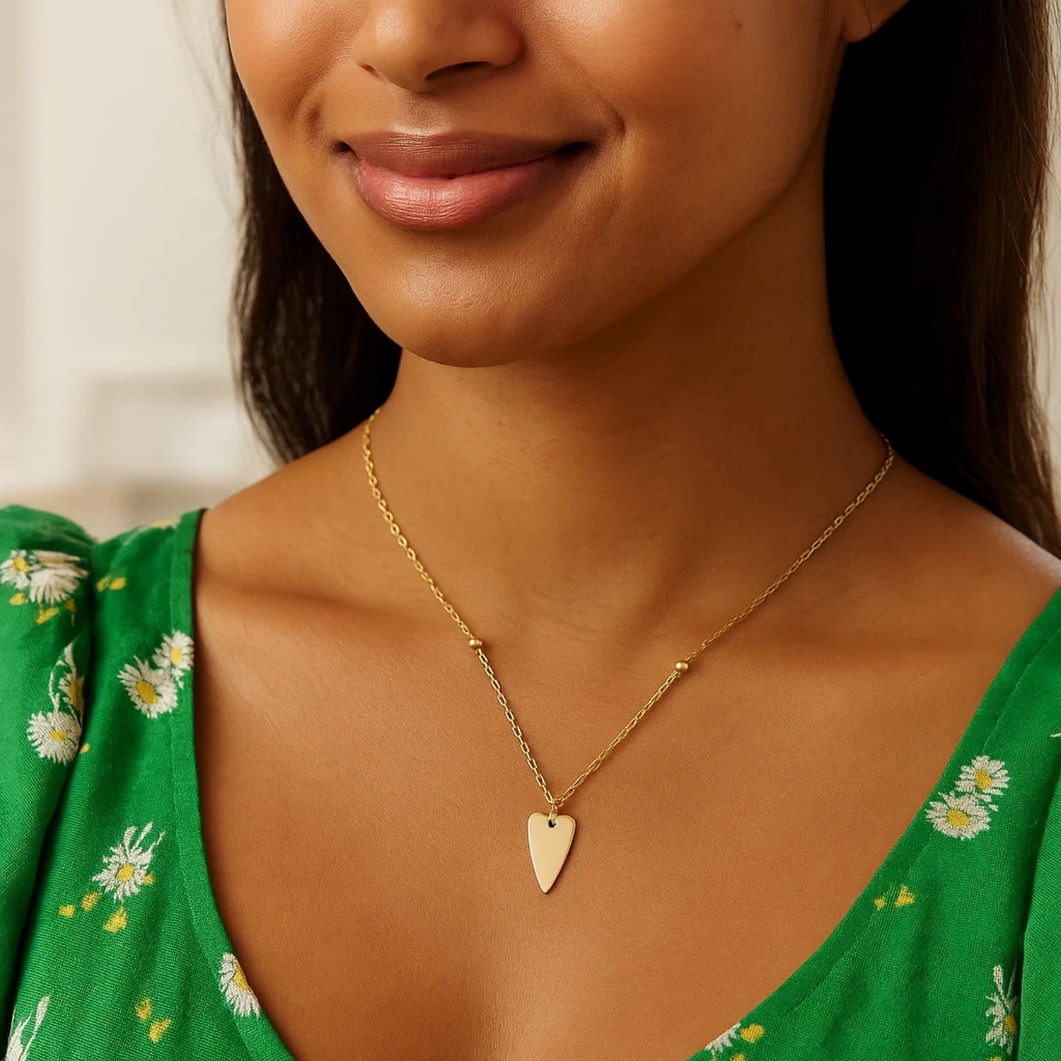 14K Yellow Gold Elongated Heart and Bead Station Necklace - Image 5
