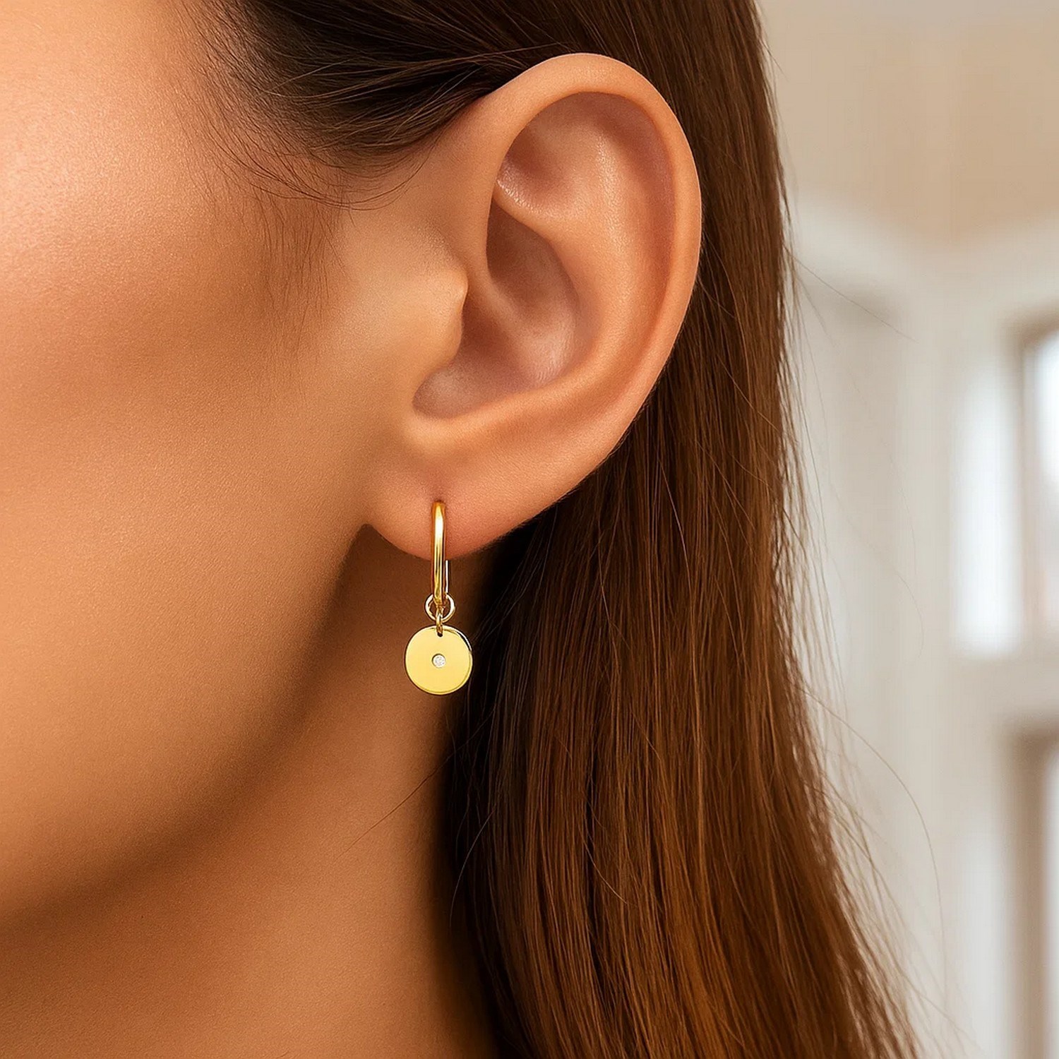 14K Yellow Gold Diamond Disc Charm Hoop Earrings - Image 3