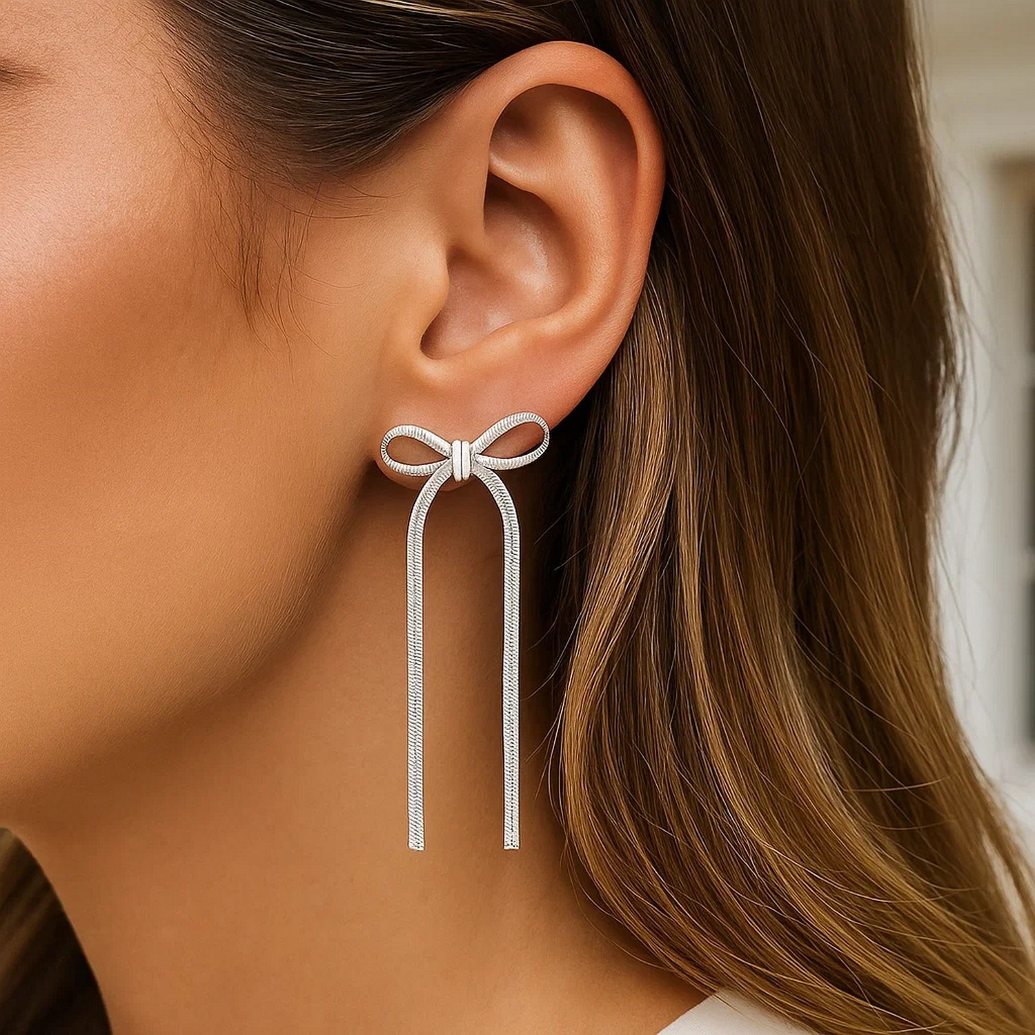 Sterling Silver Snake Chain Drop Dangle Bow Earrings - Image 3