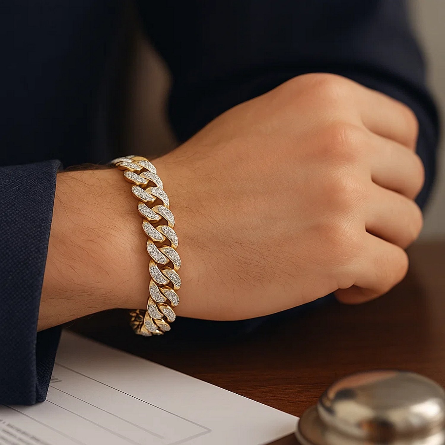 14k Two Tone Gold Curb Chain Bracelet with Diamond Pave Links (11.50 mm) - Image 4