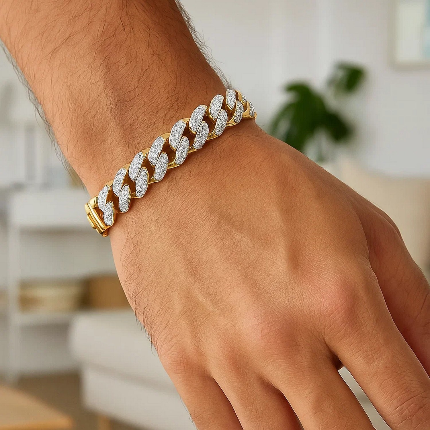 14k Two Tone Gold Curb Chain Bracelet with Diamond Pave Links (11.50 mm) - Image 5