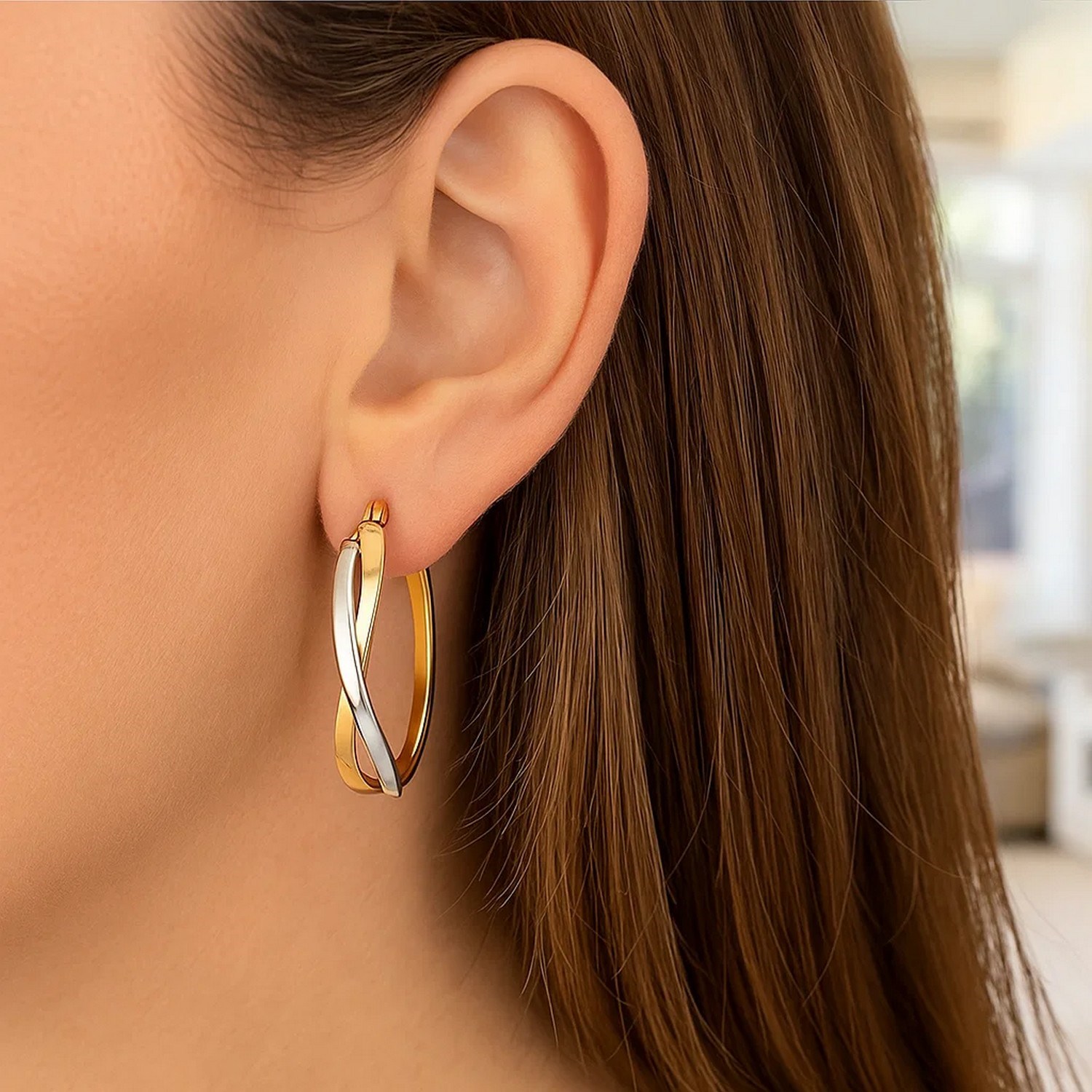 14k Two-Tone Gold Twisted Style Polished Hoop Earrings - Image 2