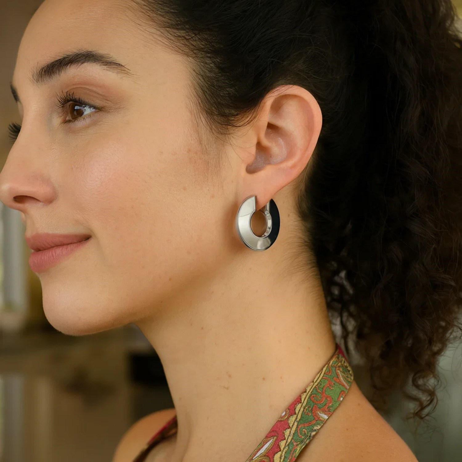 Sterling Silver Rhodium Plated Small Puffed Hoop Earrings - Image 2