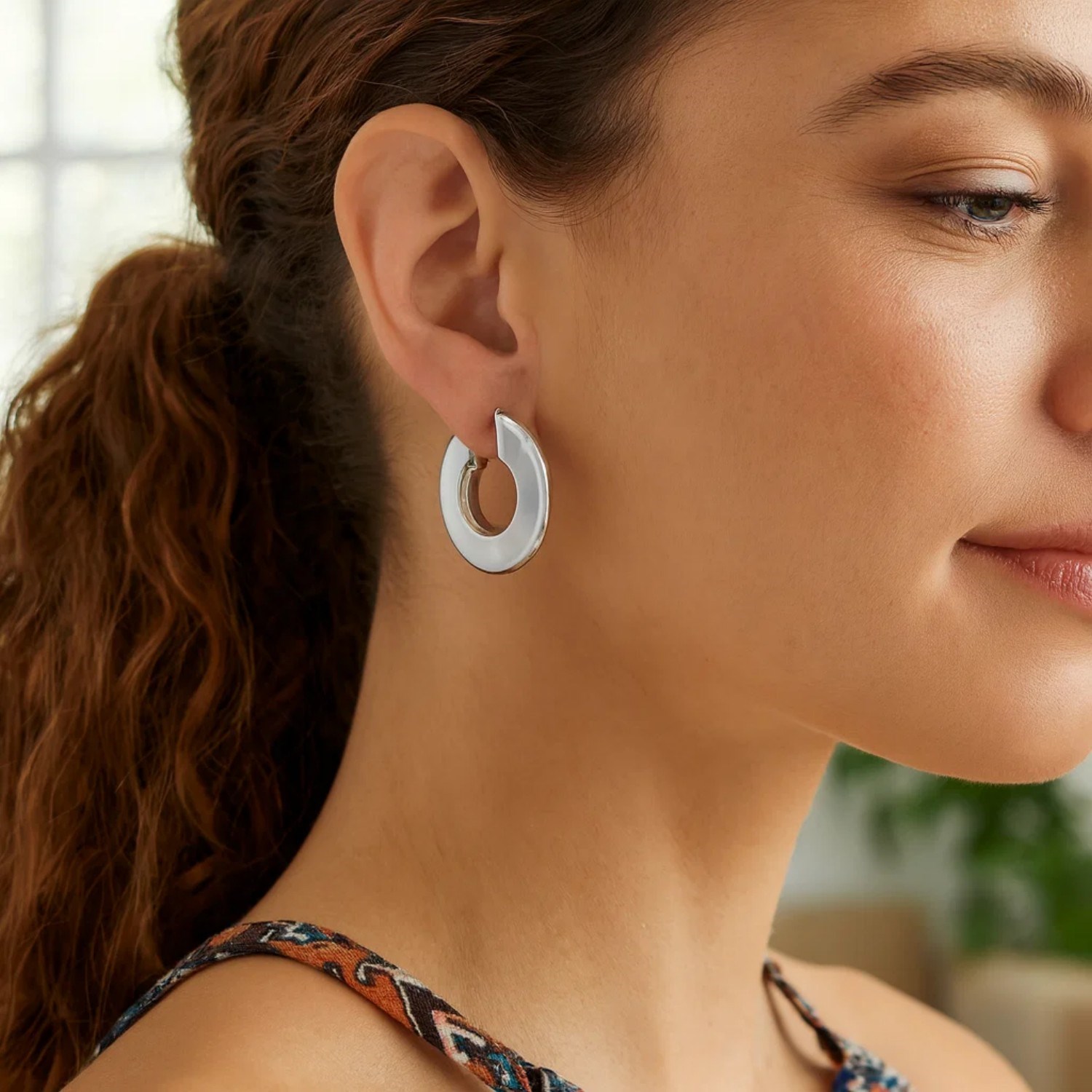 Sterling Silver Rhodium Plated Small Puffed Hoop Earrings - Image 3