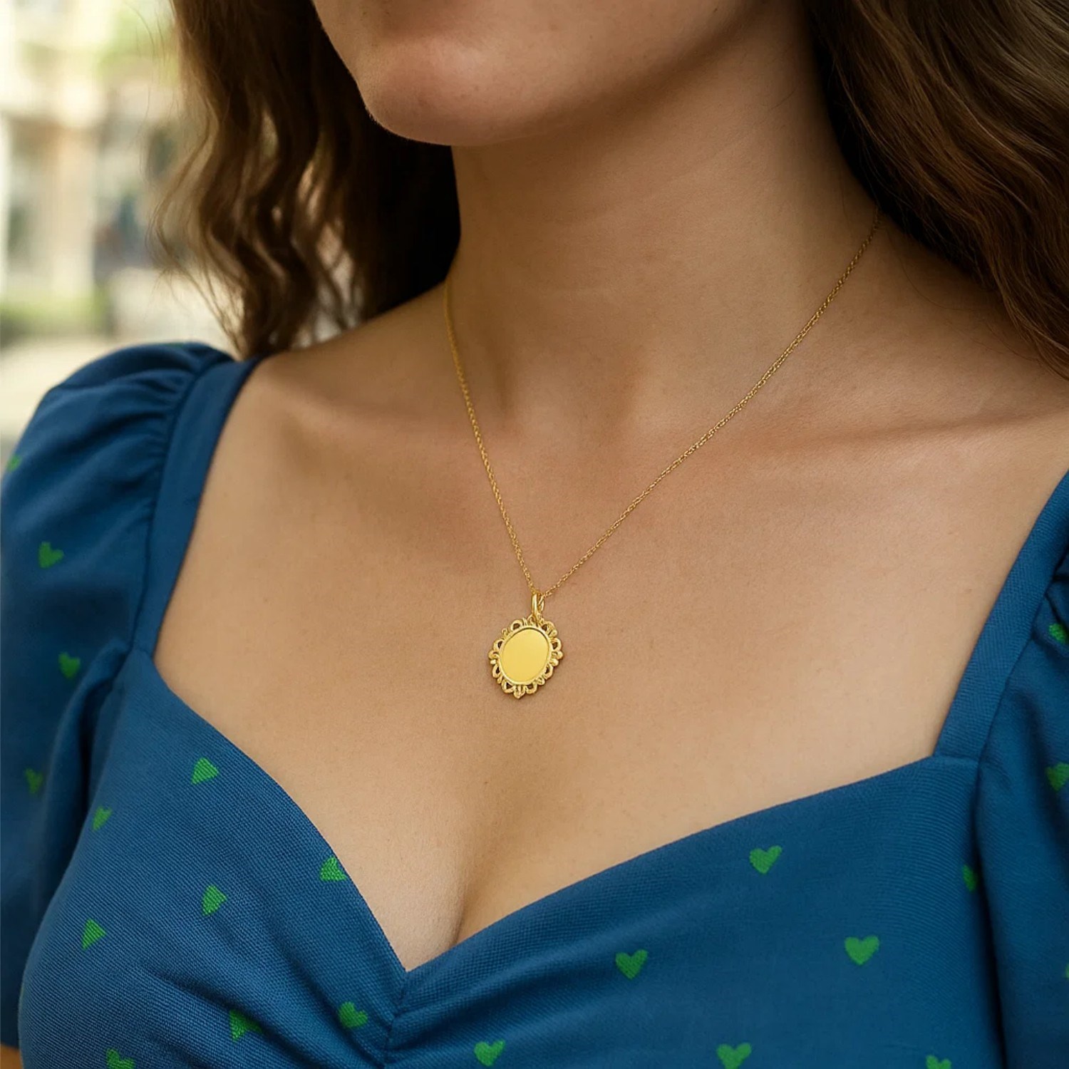 Baroque Round Pendant and Necklace in 14K Yellow Gold - Image 6