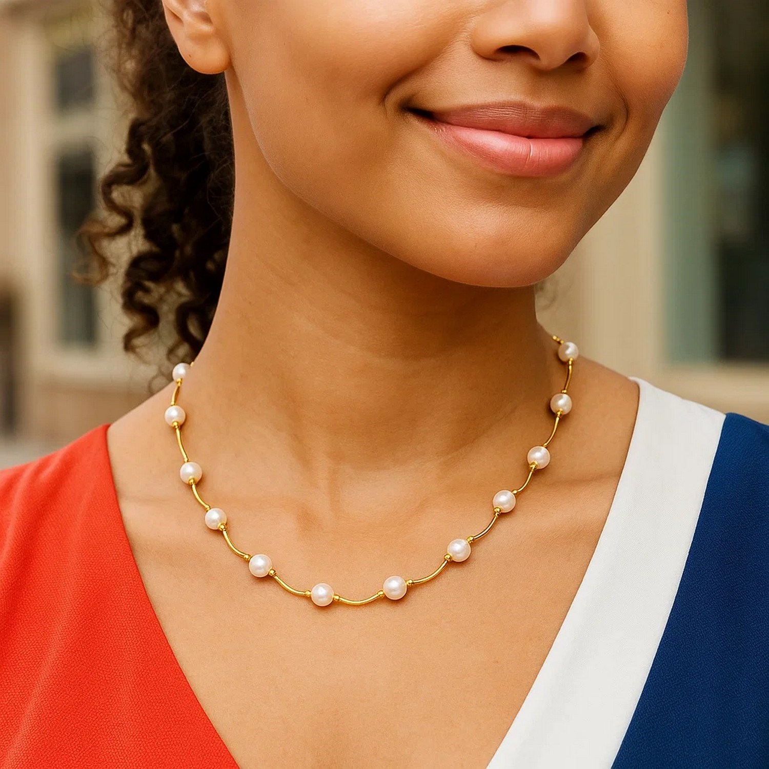 14k Yellow Gold Arc Link Necklace with White Pearls - Image 3