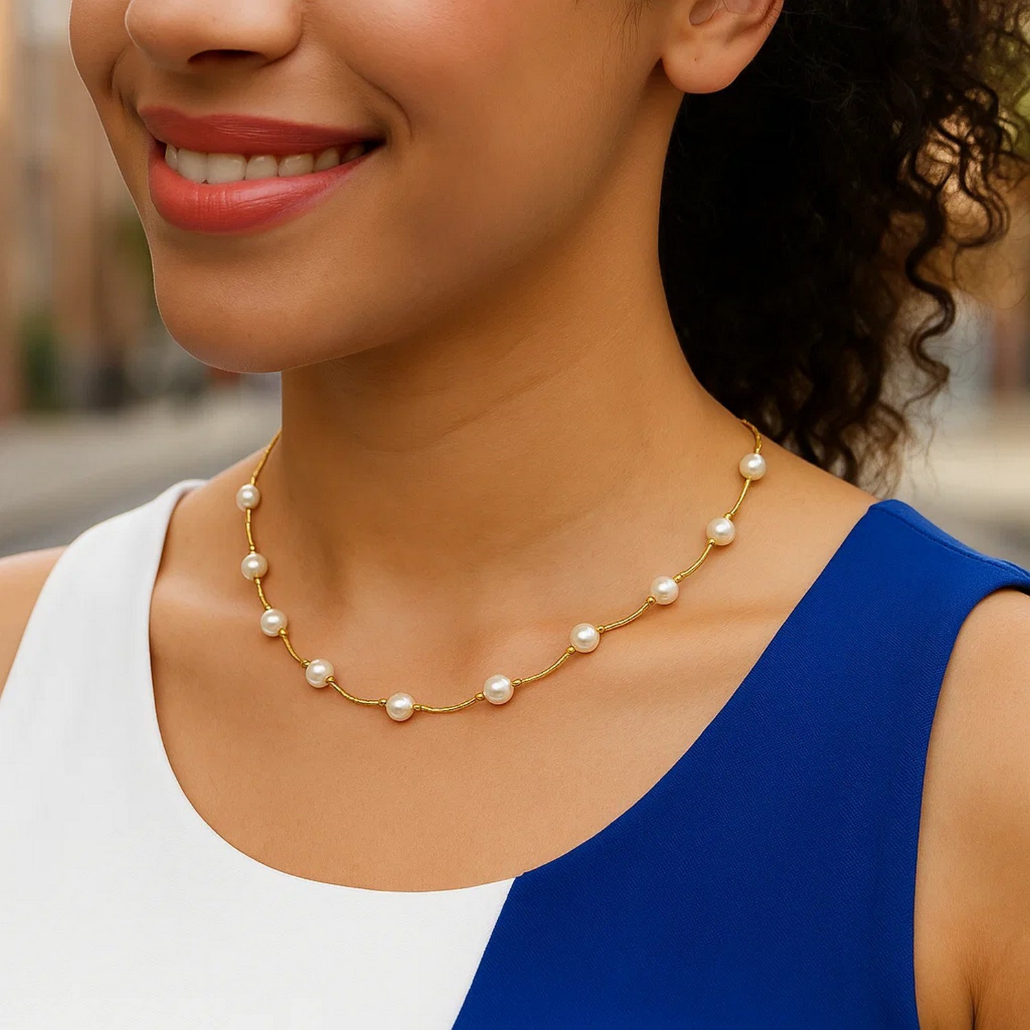 14k Yellow Gold Arc Link Necklace with White Pearls - Image 4