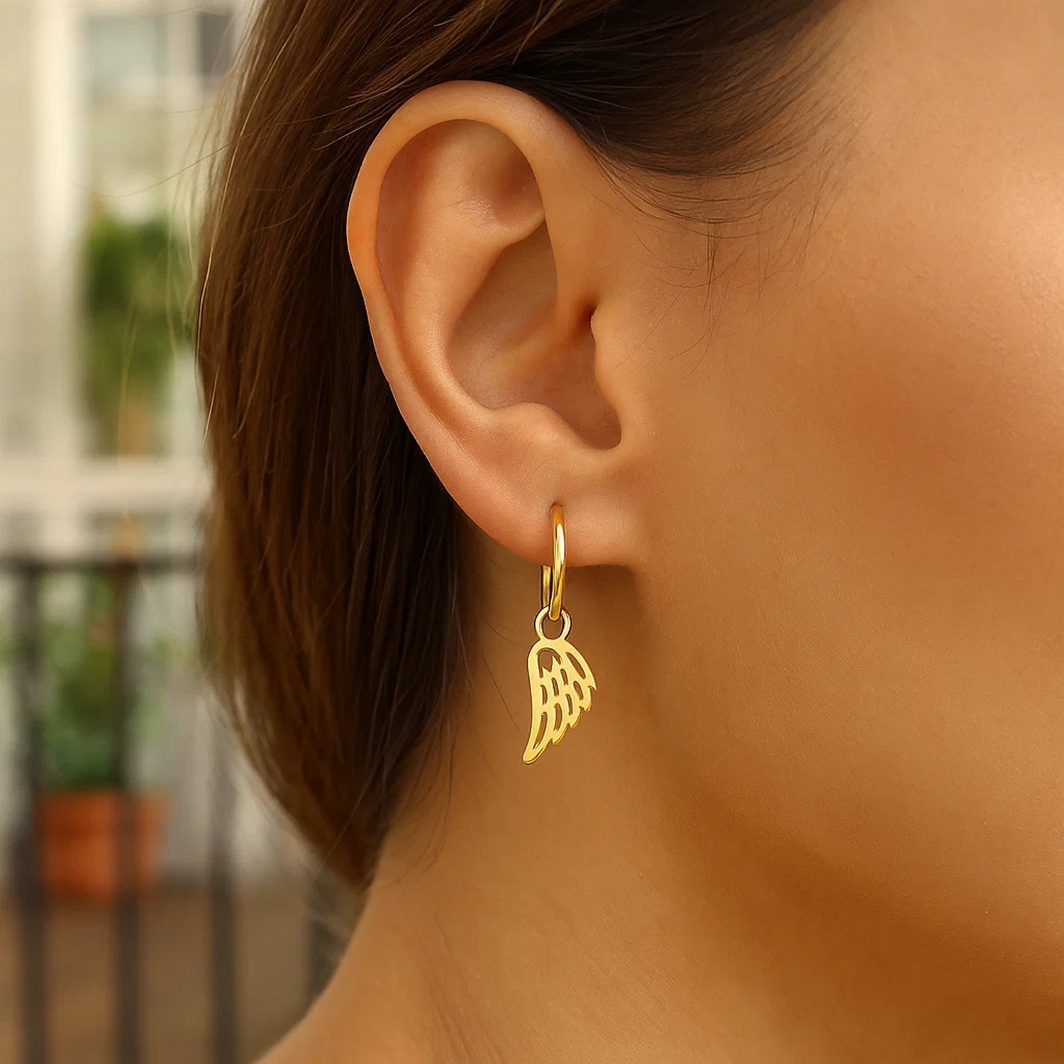 14K Yellow Gold Hoop Earrings with Angel Wings - Image 2