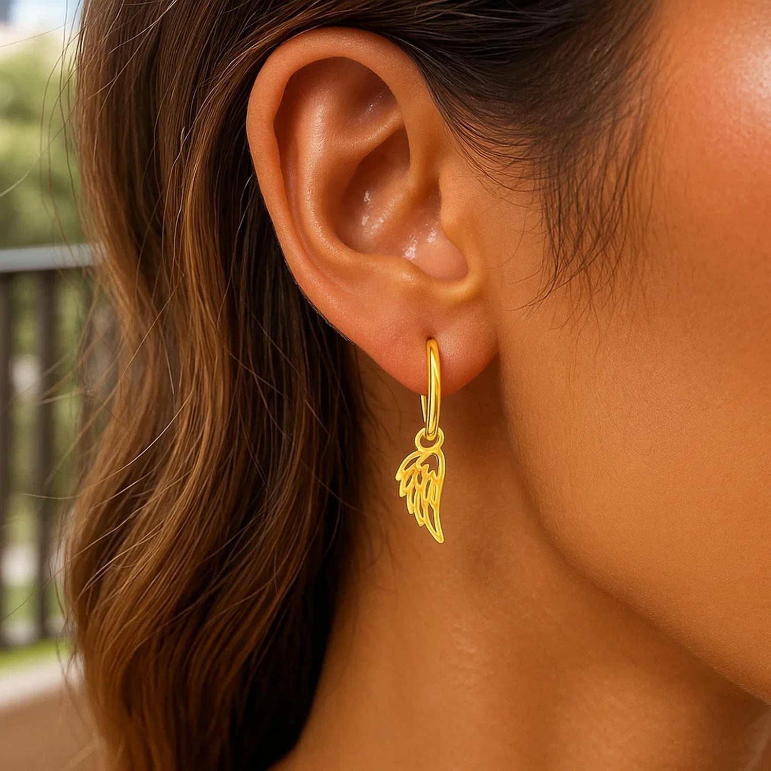 14K Yellow Gold Hoop Earrings with Angel Wings - Image 3